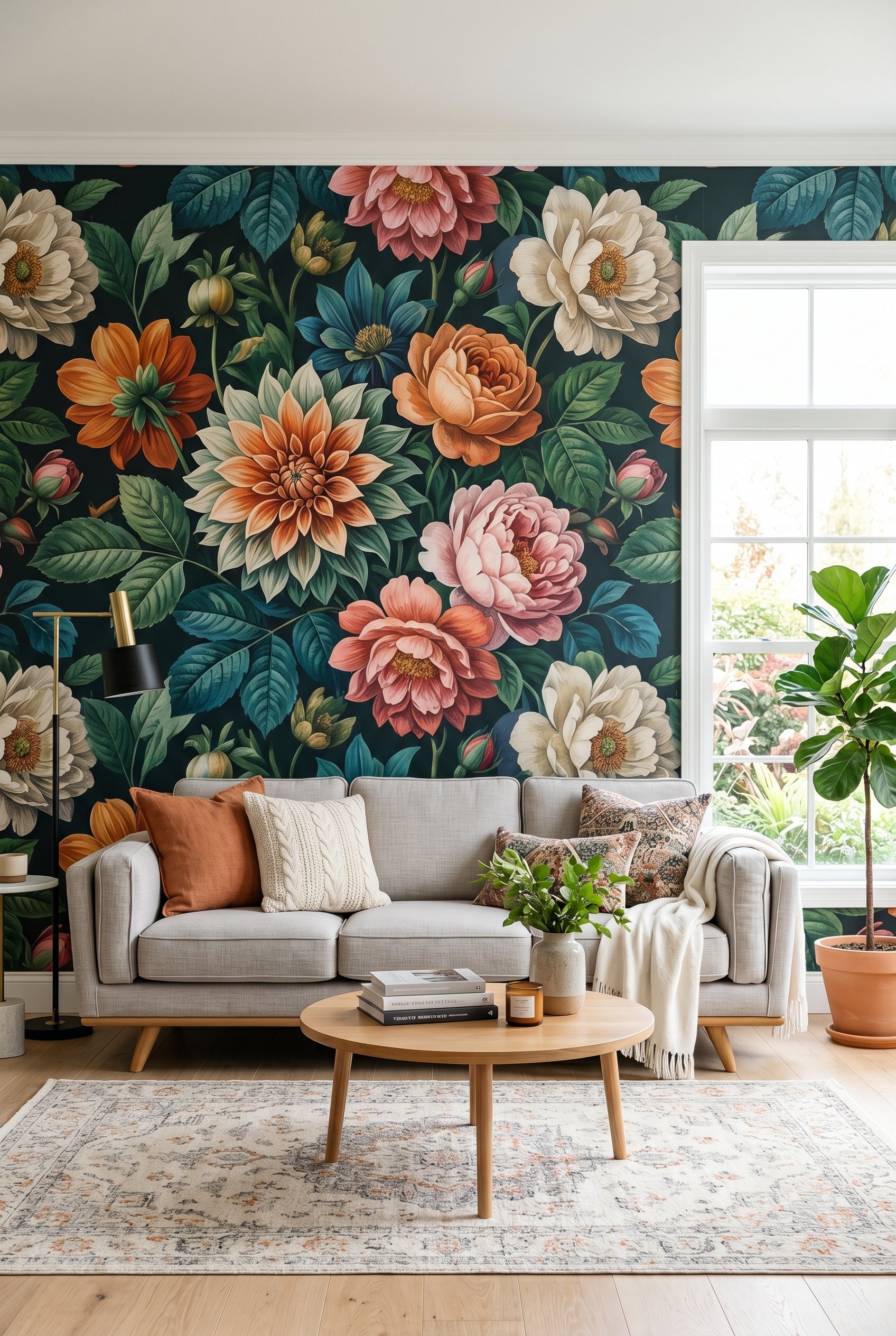Photorealistic interior photo. Bold oversized peel-and-stick floral wallpaper on one accent wall behind a neutral sofa, bright daylight, straight-on camera angle. Editorial photography style, no peopl