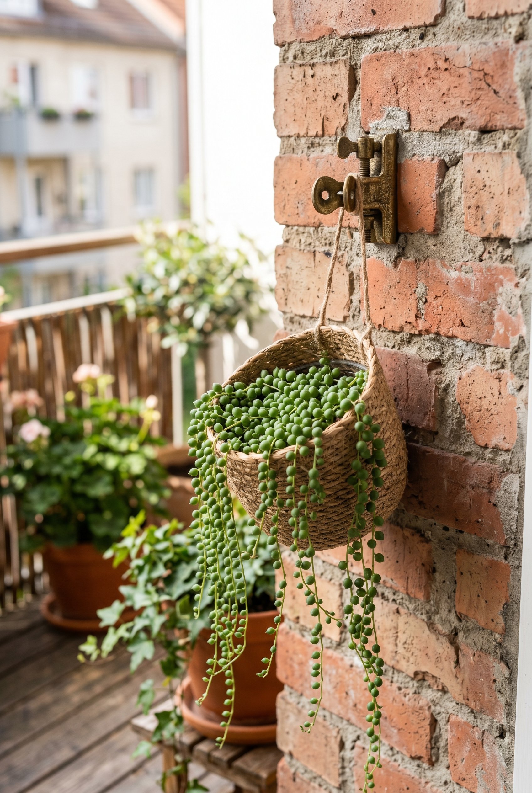 Photorealistic interior photo. Brass brick clip secured to the mortar of an exposed brick wall on a balcony, holding a woven hanging basket filled with string of pearls, bright lighting, close-up macr