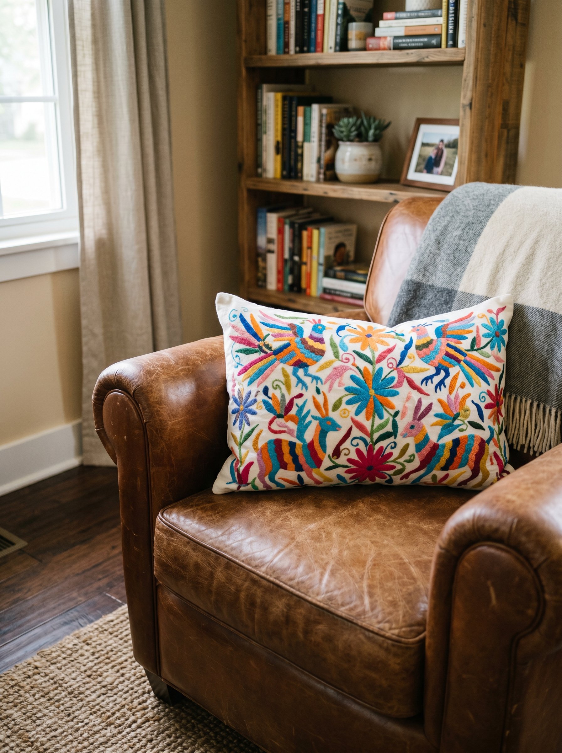 Photorealistic interior photo. Bright, authentic hand-embroidered Otomi pillow on a leather armchair, intricate animal motifs. Soft natural indoor lighting, close-up angled shot. Editorial photography