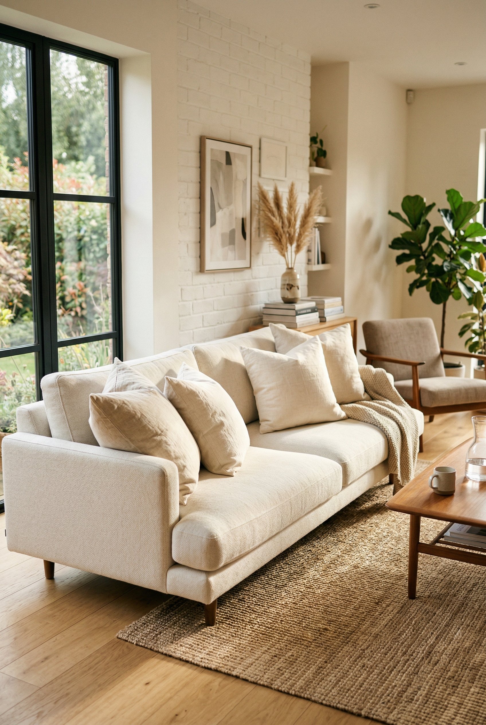 Photorealistic interior photo. Bright living room, cream linen pillows on a modern sofa, sunlight streaming in, shallow depth of field. Editorial photography style, no people visible.