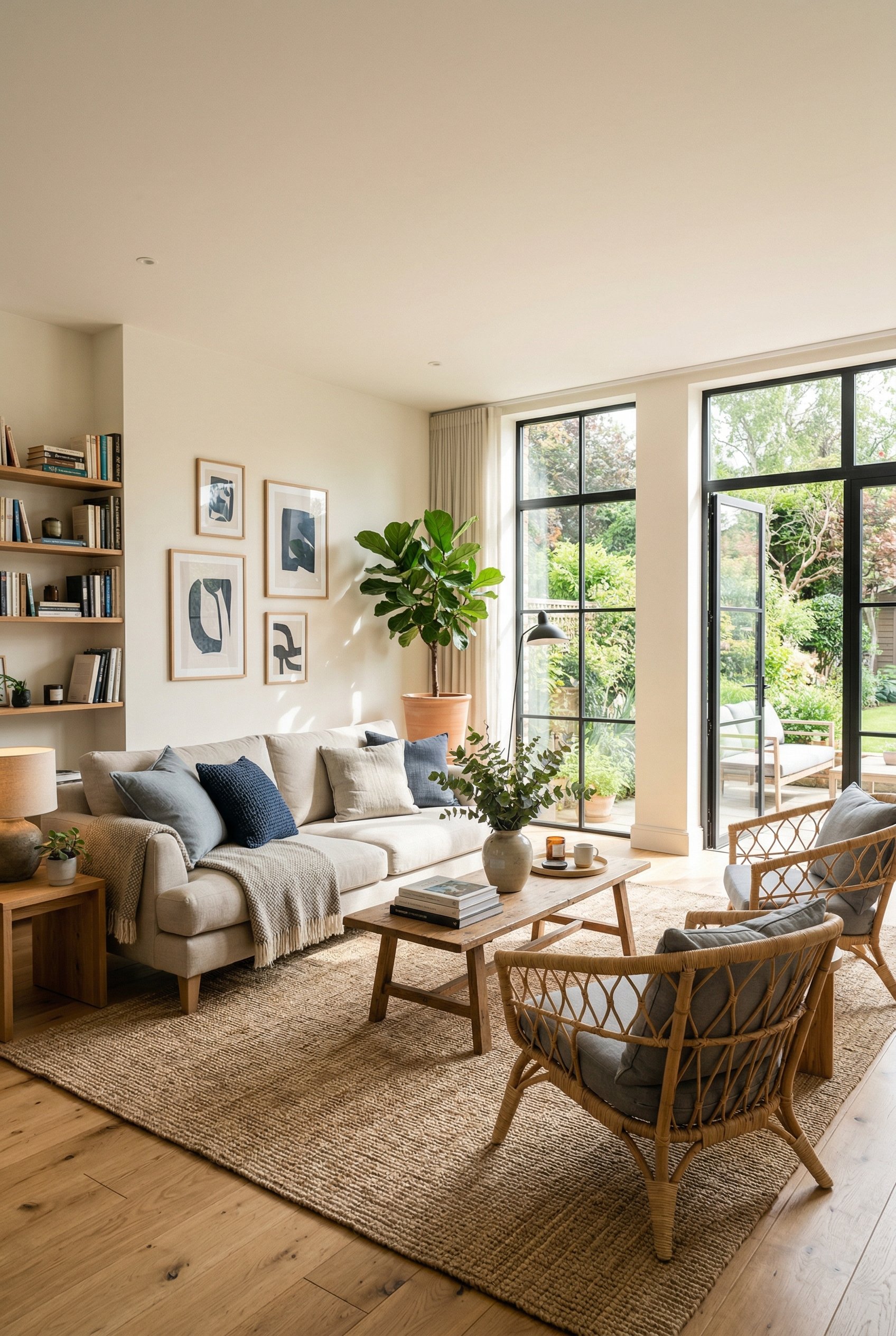 Photorealistic interior photo. Bright living room, warm white walls, soft gray-blue accent pillows, natural sunlight, wide angle. Editorial photography style, no people visible.