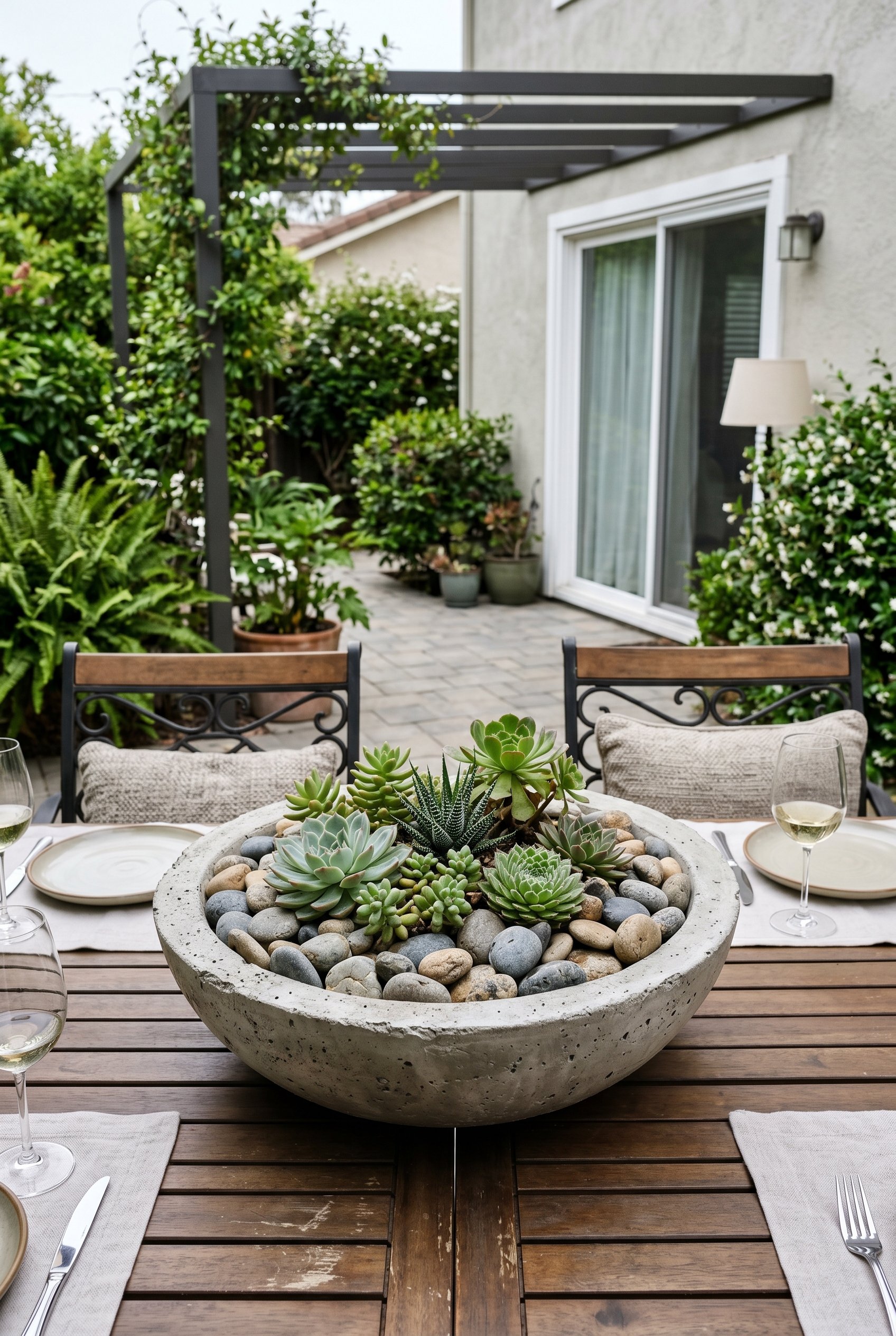 Photorealistic interior photo. Brutalist concrete bowl centerpiece filled with river rocks and succulents on a sleek outdoor dining table. Overcast natural lighting, eye-level angle. Editorial photogr