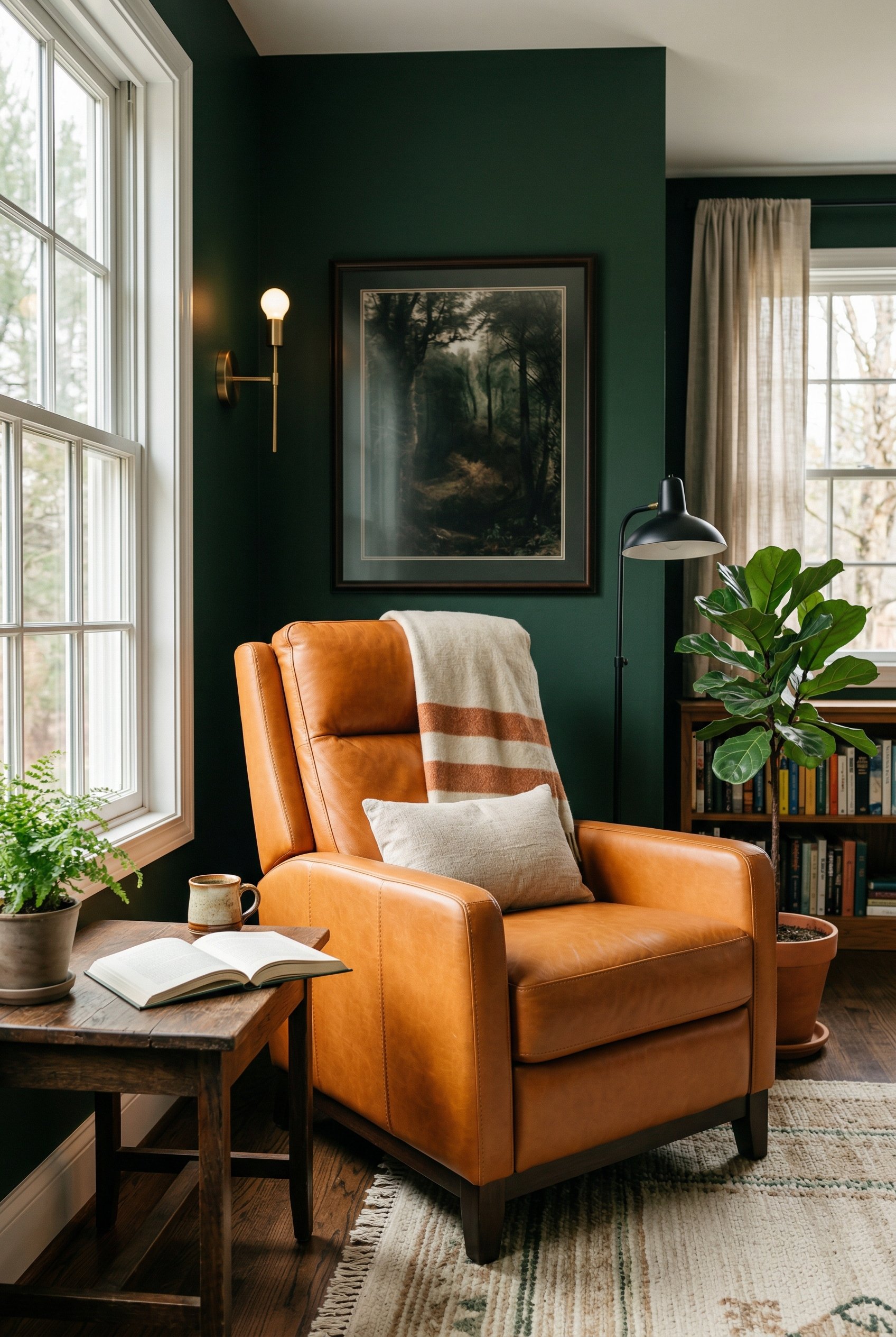 Photorealistic interior photo. Caramel leather recliner placed in front of a deeply saturated forest green wall, contrasting warm orange and dark green tones. Editorial photography style, no people vi