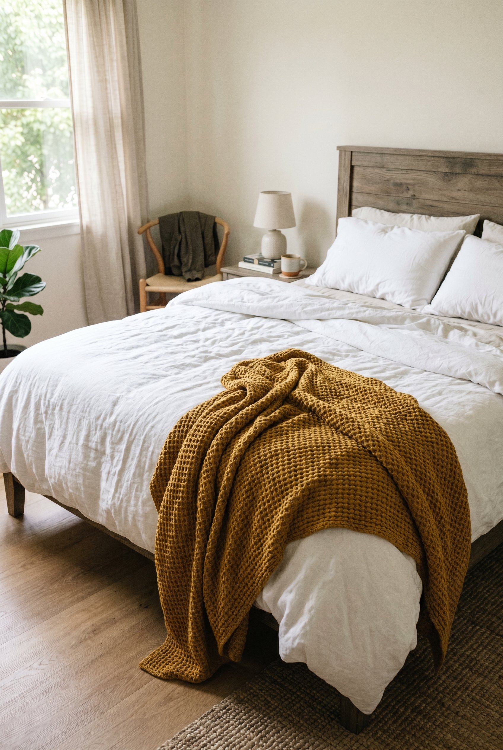 Photorealistic interior photo. Casual bedroom showing a chunky mustard yellow waffle-knit throw blanket draped messily over the corner of a crisp white duvet. Editorial photography style, soft natural
