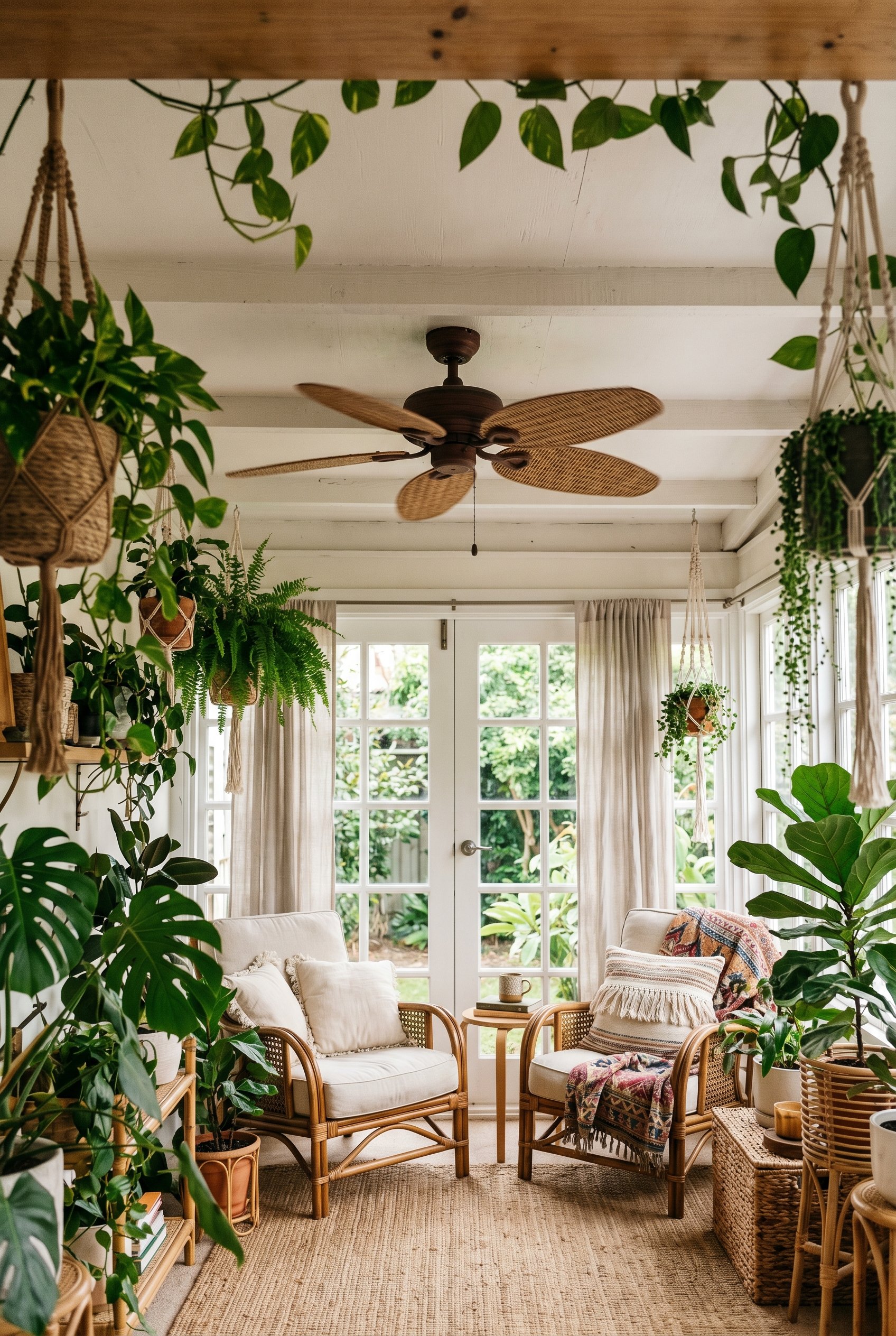 Photorealistic interior photo. Ceiling fan with woven rattan blades spinning slowly in a bohemian sunroom, hanging plants framing the shot. Editorial photography style, no people visible.