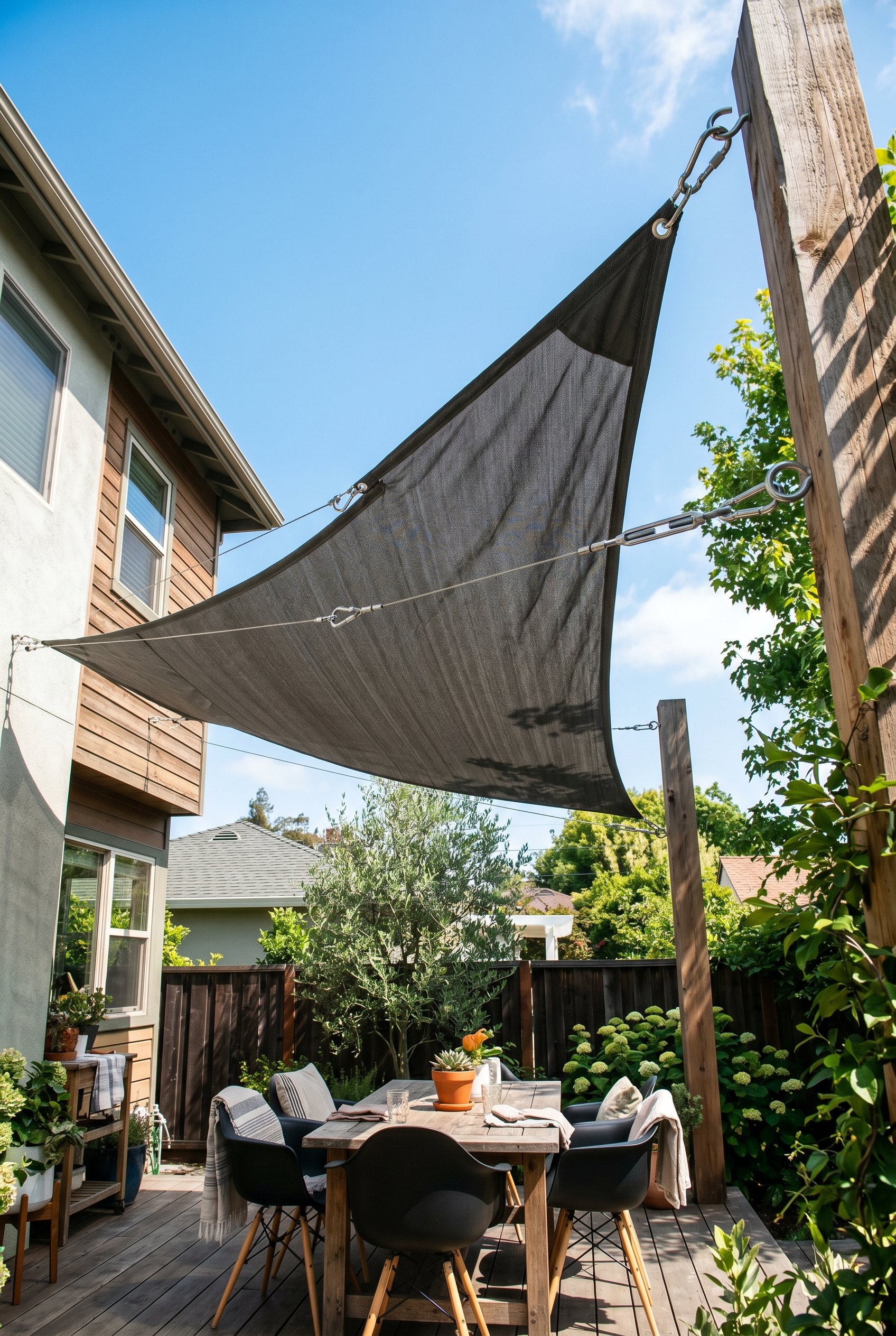 Photorealistic interior photo. Charcoal grey canvas shade sail stretched tightly over a modern outdoor dining area. Attached to heavy wooden posts with carabiners. Bright sunny day, upward angle. Edit