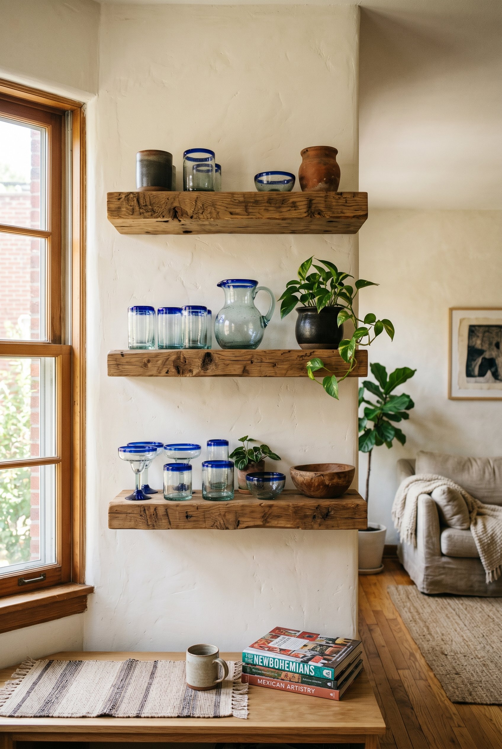 Photorealistic interior photo. Chunky floating reclaimed wood shelves holding heavy, blue-rimmed hand-blown Mexican glassware against a plaster wall. Straight-on architectural shot, natural side light