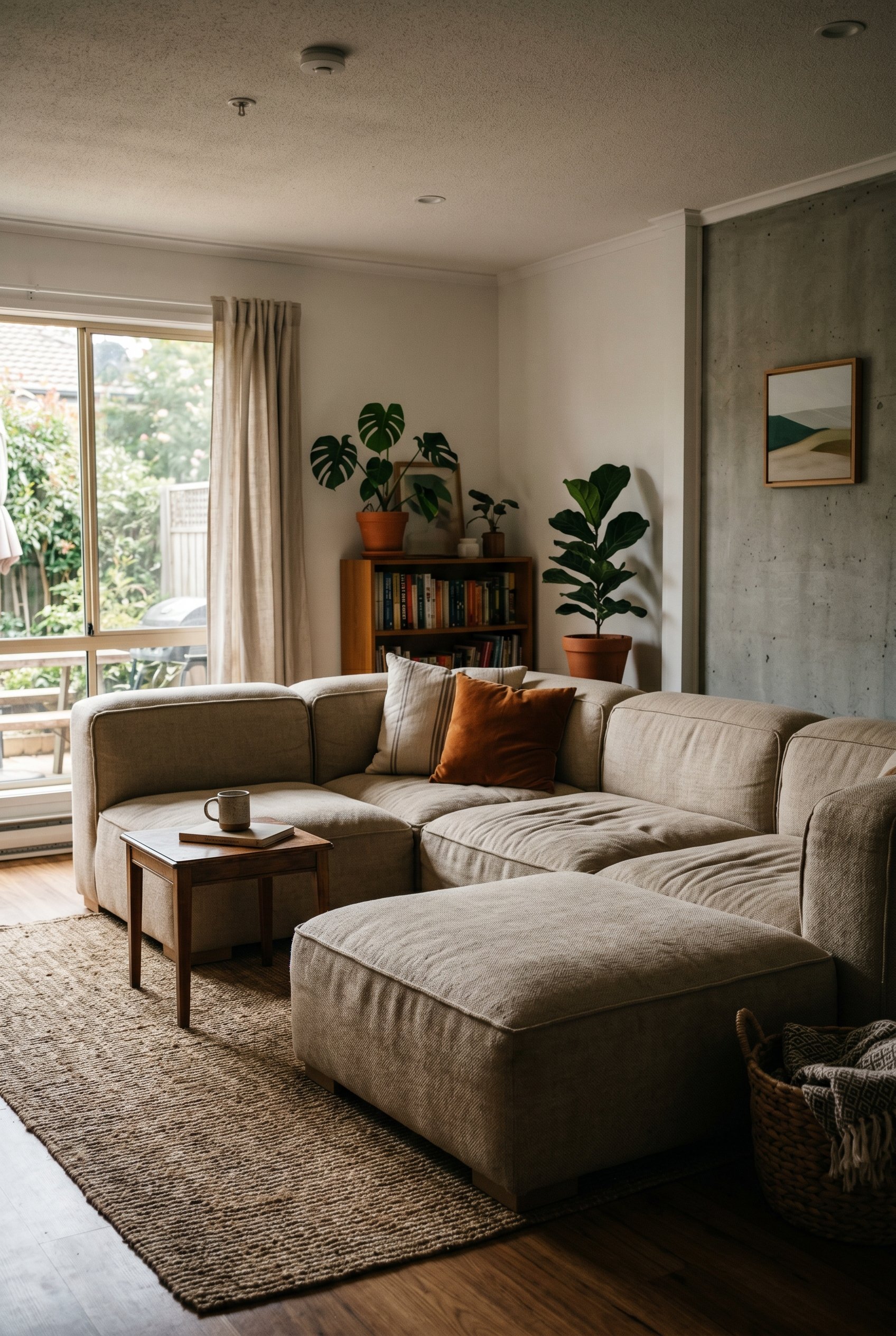 Photorealistic interior photo. Chunky low-profile modular foam outdoor seating in oat-colored marine fabric, deep shadows, eye-level angle. Editorial photography style, no people visible.