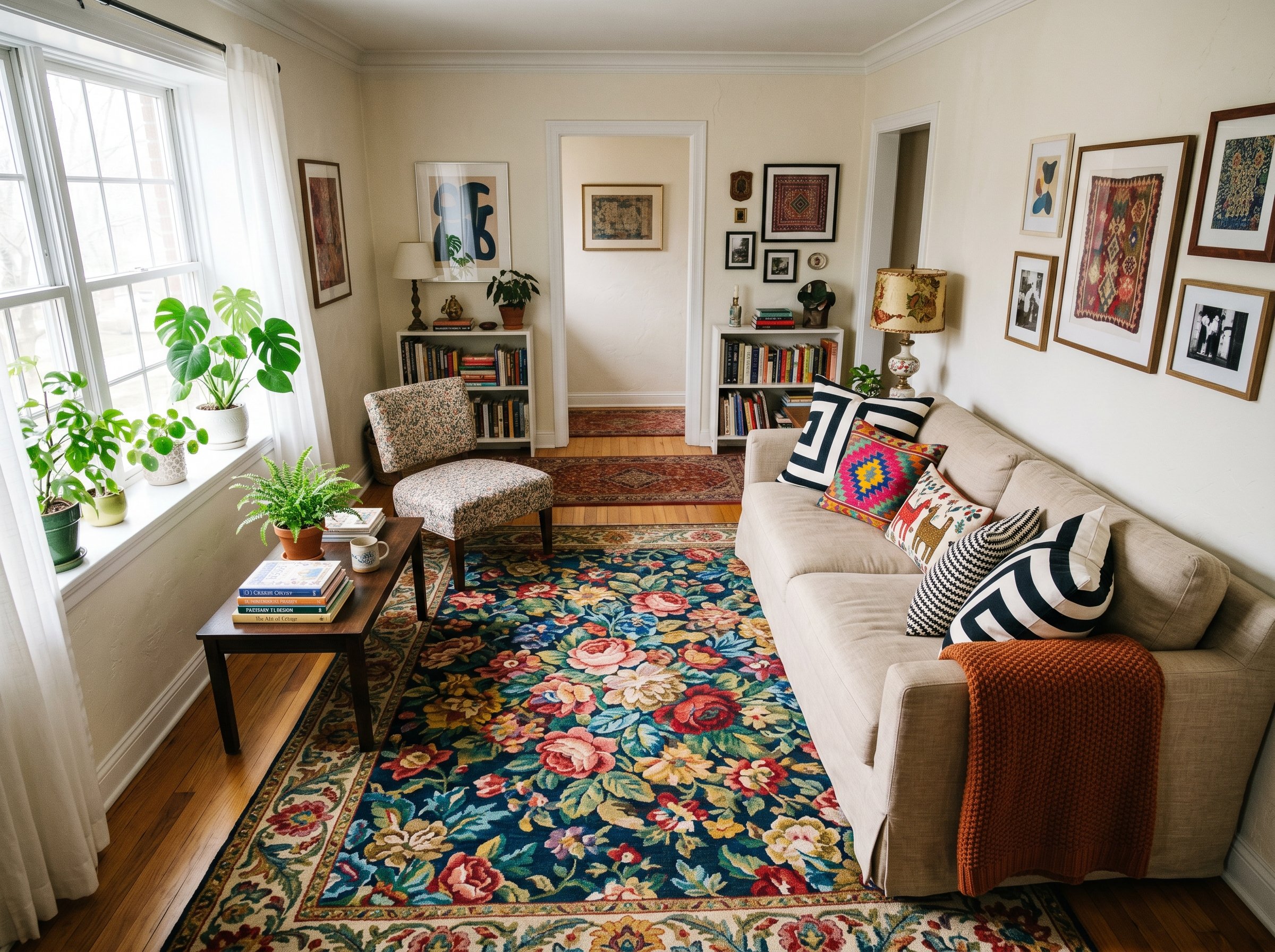 Photorealistic interior photo. Clashing but cohesive patterns, massive floral print rug under a sofa with geometric striped throw pillows, natural daylight, high-angle shot. Editorial photography styl