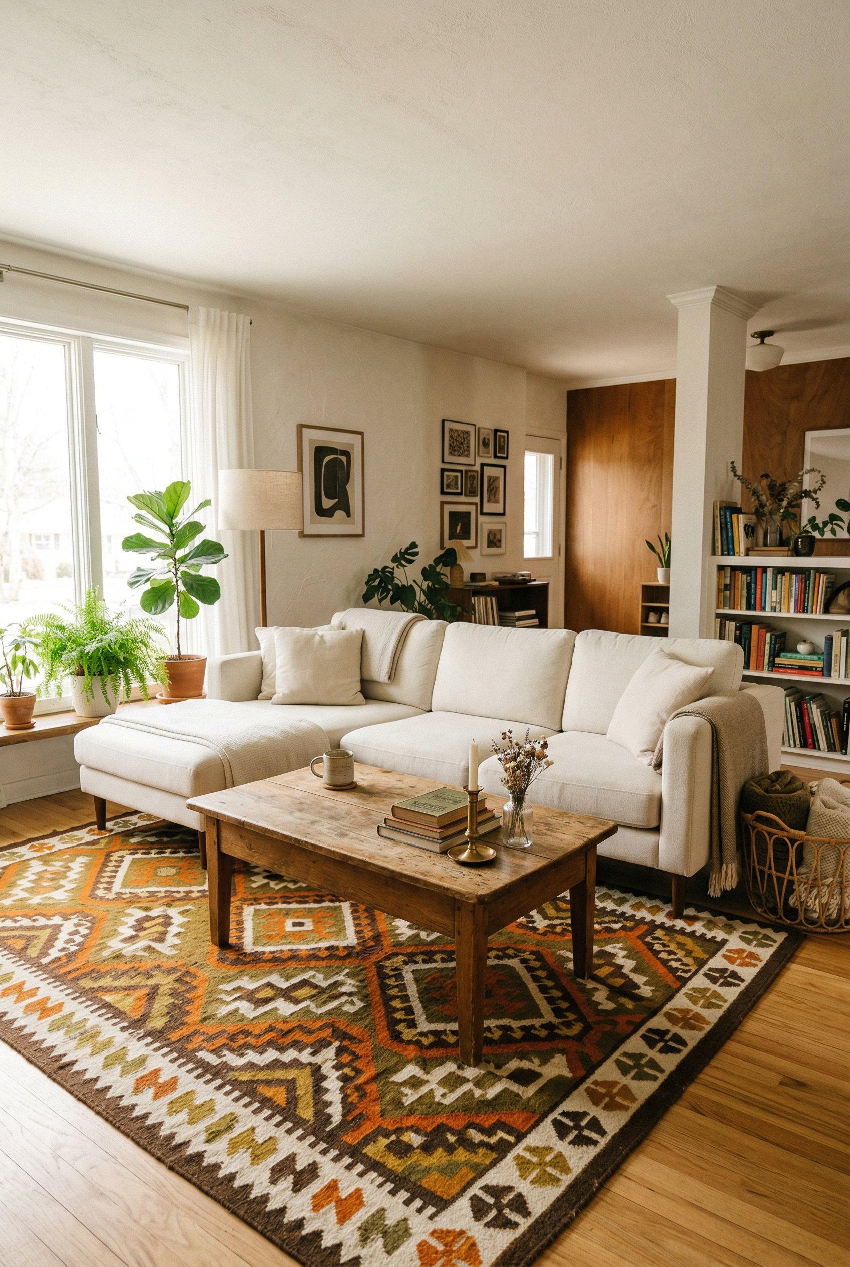 Photorealistic interior photo. Clean contemporary cream sofa paired with a highly patterned vintage 70s geometric rug and an antique wooden coffee table, bright but warm lighting, wide shot. Editorial