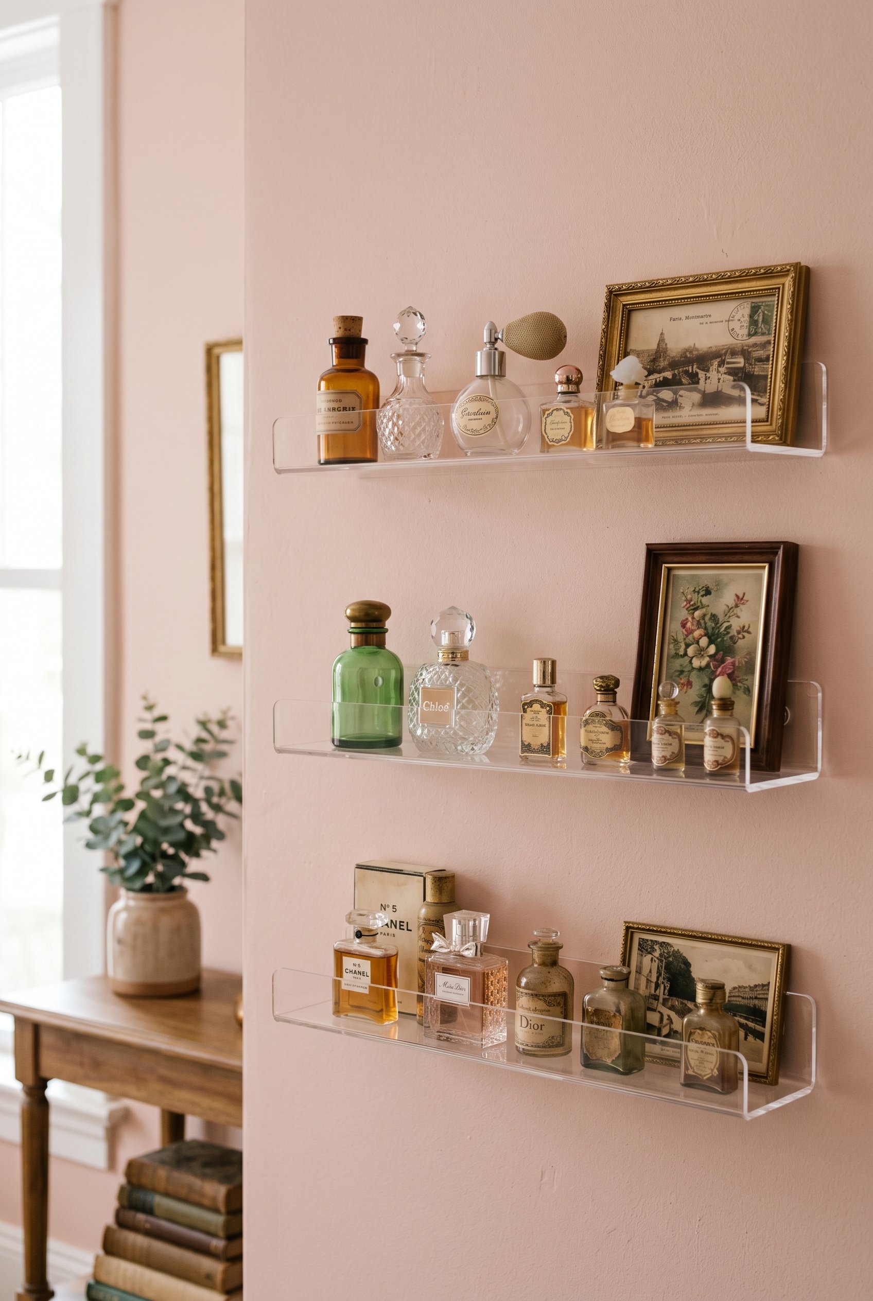 Photorealistic interior photo. Clear acrylic floating ledges on a blush wall displaying small vintage perfume bottles and framed postcards, soft natural lighting, medium shot camera angle. Editorial p