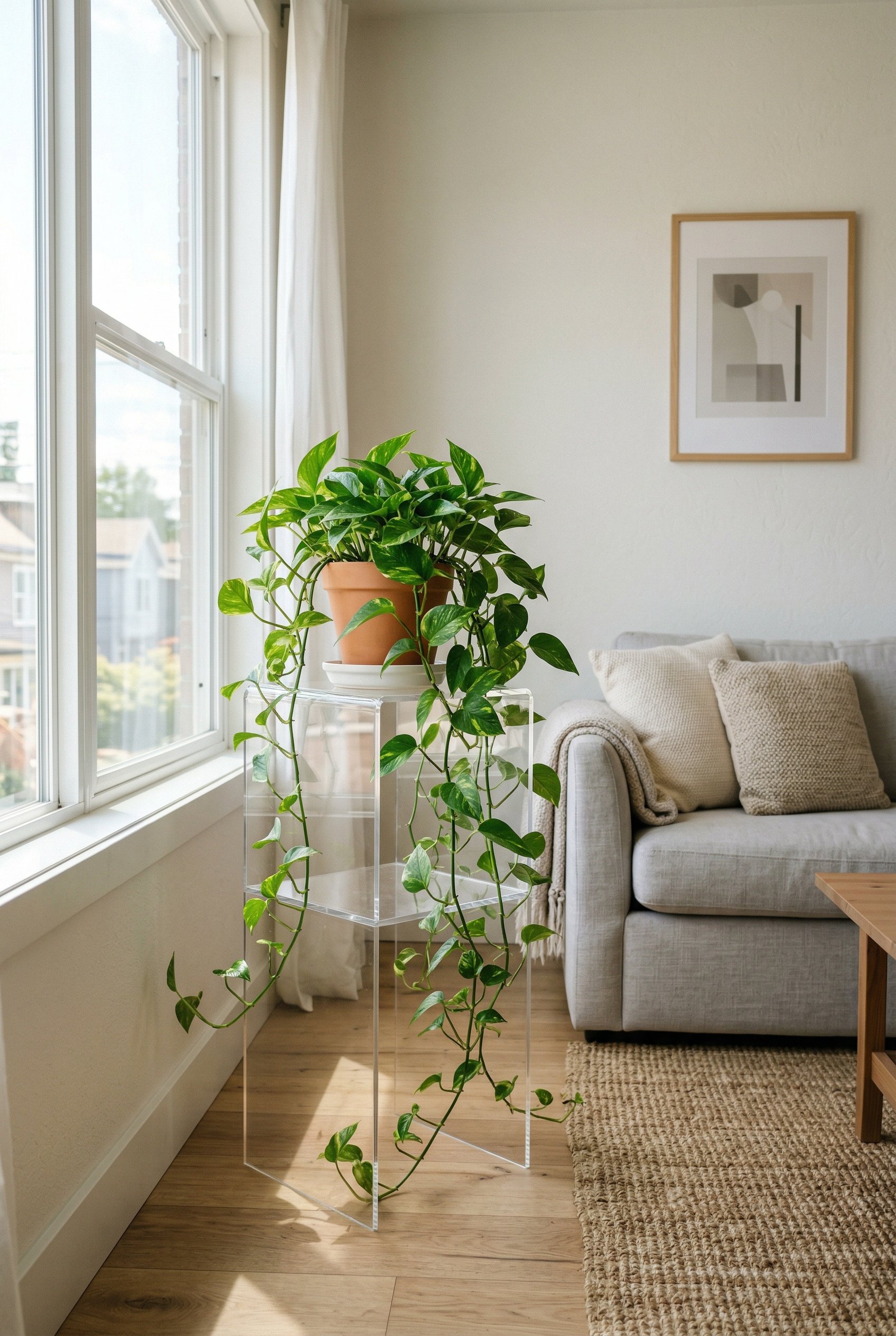 Photorealistic interior photo. Clear acrylic plant stand holding a trailing pothos plant, sitting next to a window in a small apartment living room, minimalist style. Editorial photography style, no p