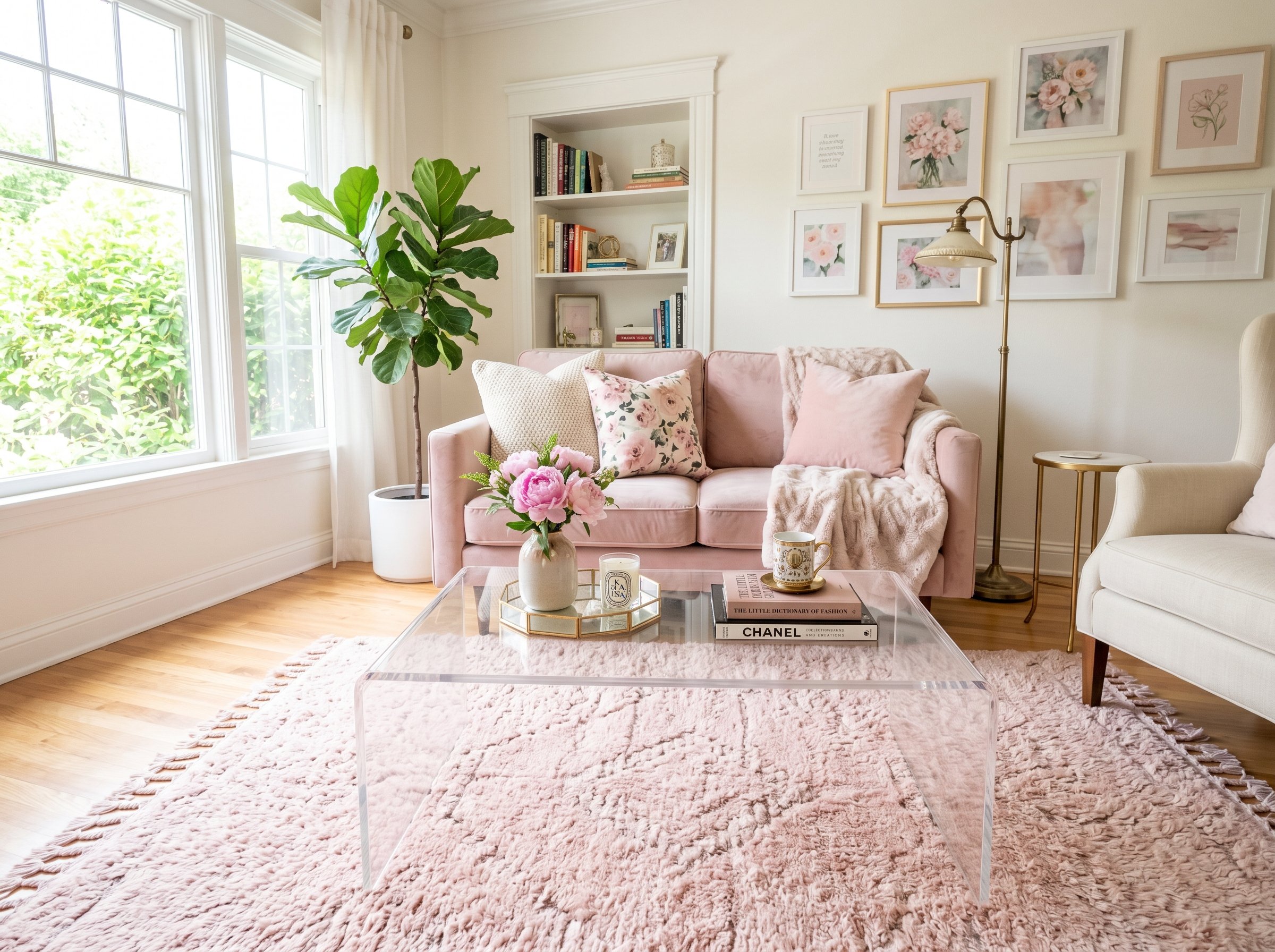 Photorealistic interior photo. Clear Lucite acrylic coffee table visually disappearing in a small girly living room, blush pink rug underneath, bright natural light, slightly high camera angle. Editor