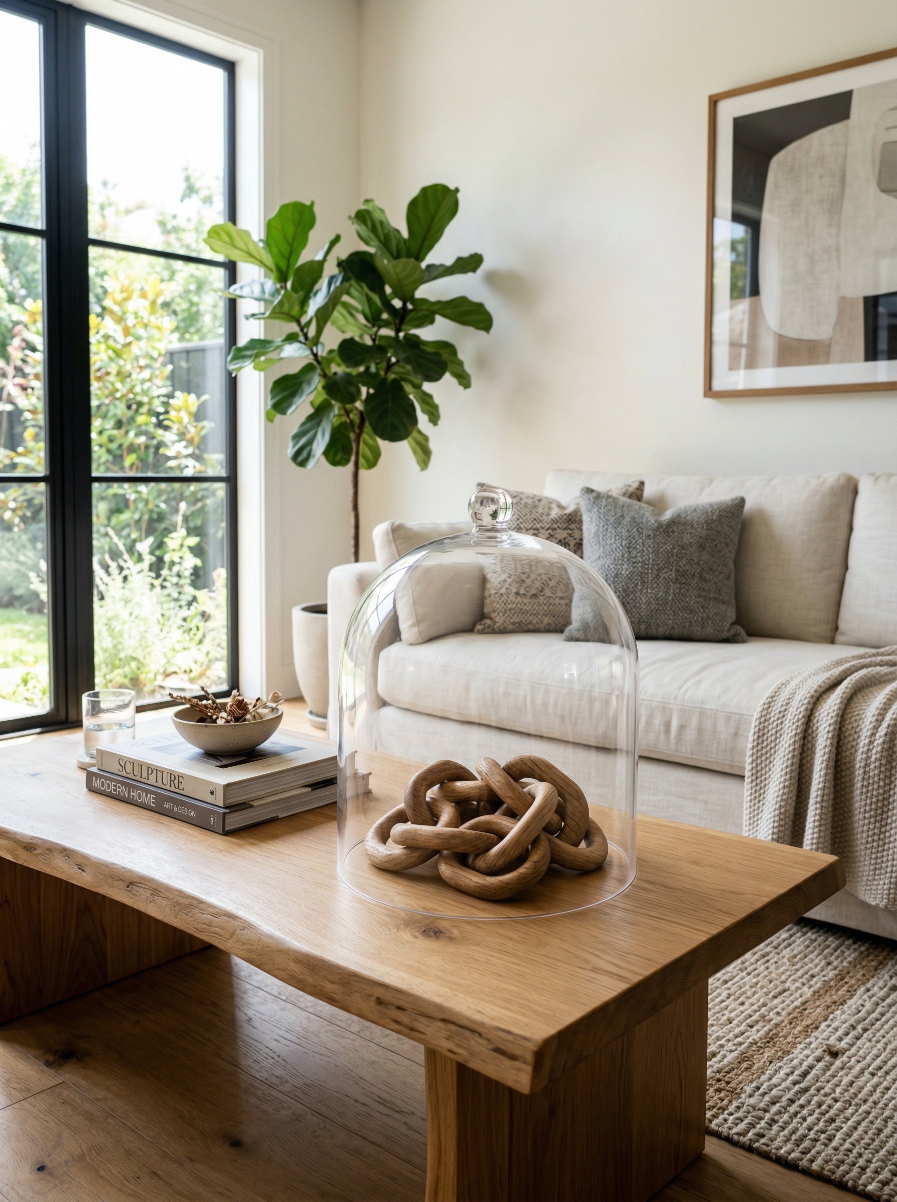 Photorealistic interior photo. Clear shatterproof acrylic cloche displaying a wooden chain link sculpture on a modern coffee table, bright sunny living room, eye-level camera angle. Editorial photogra