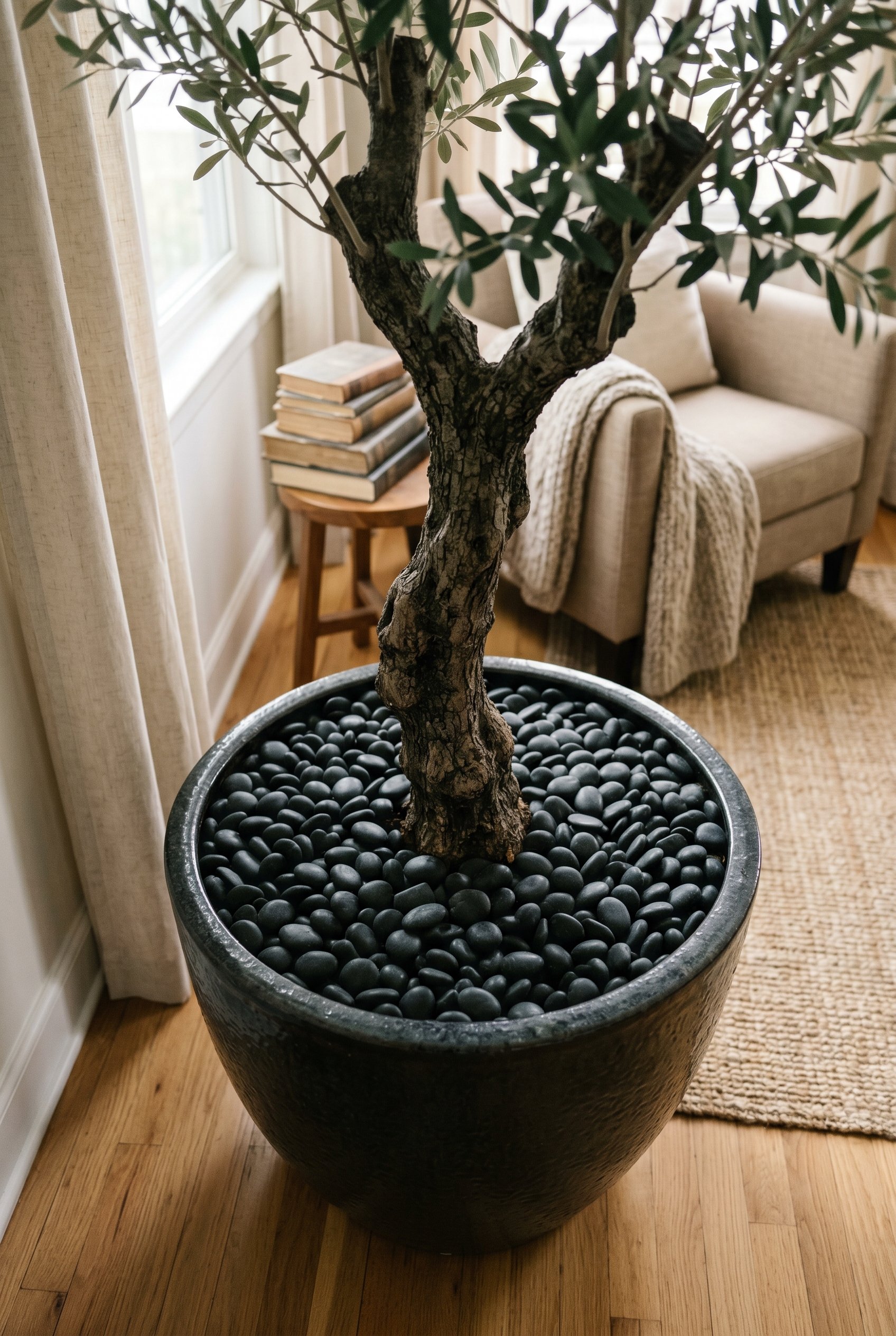 Photorealistic interior photo. Close up looking down into a large floor planter. The potting soil is completely covered by a neat, thick layer of matte black river rocks. The thick trunk of an olive t