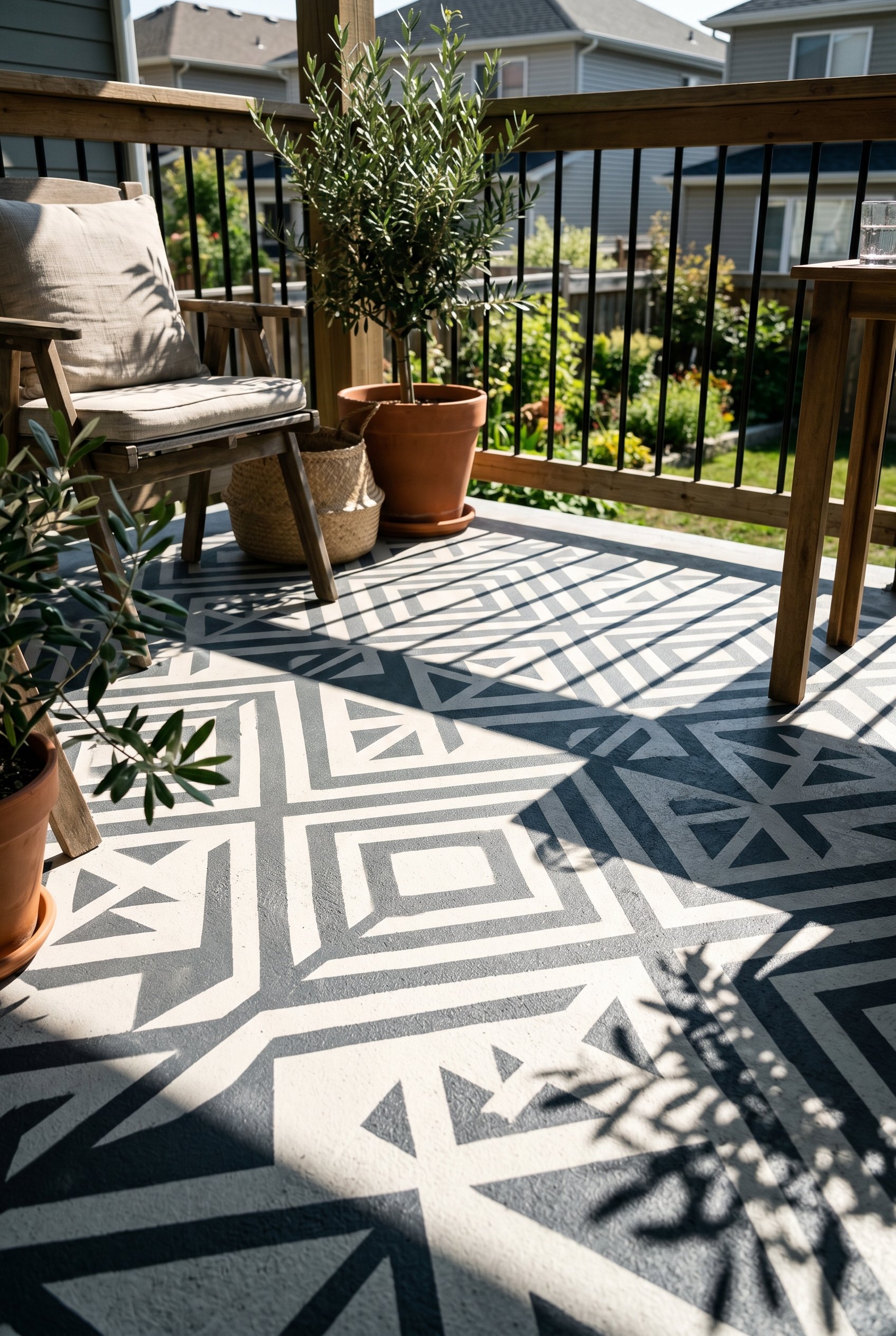 Photorealistic interior photo. Close up of a concrete deck floor painted with a crisp, modern geometric stencil pattern in charcoal grey and white. Harsh dramatic sunlight with sharp shadows. Editoria