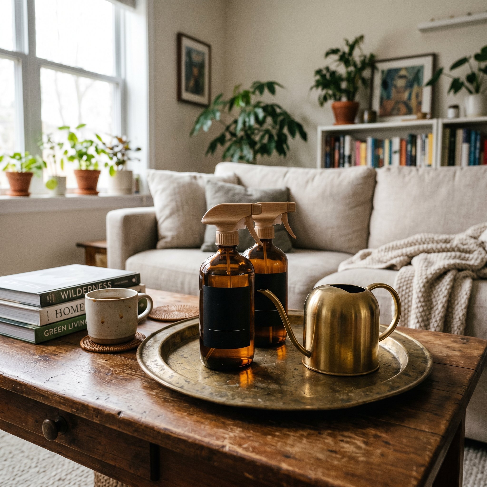 Photorealistic interior photo. Close-up of a heavy brass tray on a coffee table. On the tray are two amber glass spray bottles with minimal black labels, next to a sleek brass watering can. Editorial 