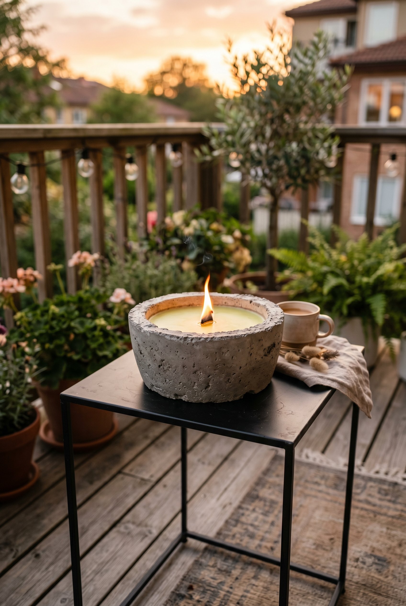 Photorealistic interior photo. Close up of a heavy, brutalist raw concrete citronella bowl resting on a small black metal side table outdoors. Sunset lighting, shallow depth of field. Editorial photog