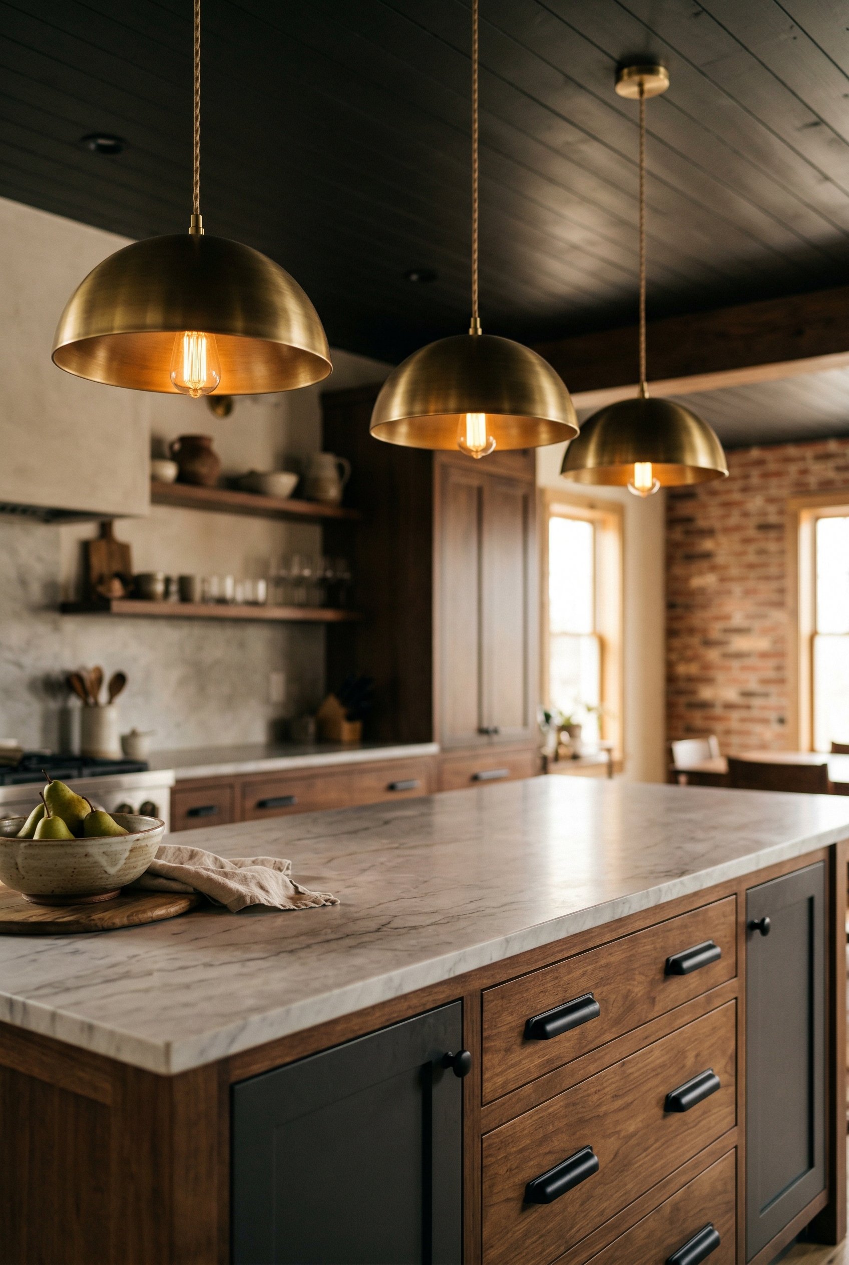 Photorealistic interior photo. Close-up of a kitchen island with brushed brass pendant lights hanging overhead, matte black hardware visible on the island drawers below. Warm overhead lighting, low an