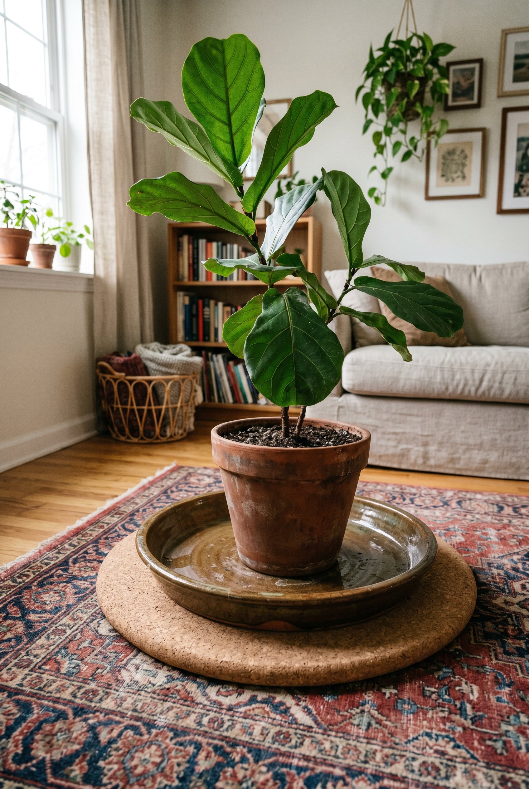 Photorealistic interior photo. Close up of a large glazed terracotta saucer sitting on a thick cork mat. The mat rests on a faded vintage Persian rug. A large floor plant is potted inside. Editorial p