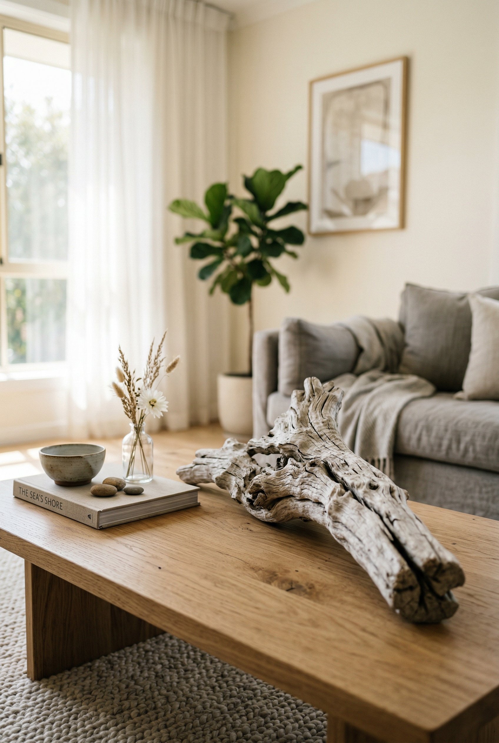 Photorealistic interior photo. Close-up of a large piece of bleached driftwood styled on a modern oak coffee table, soft morning light, shallow depth of field. Editorial photography style, no people v
