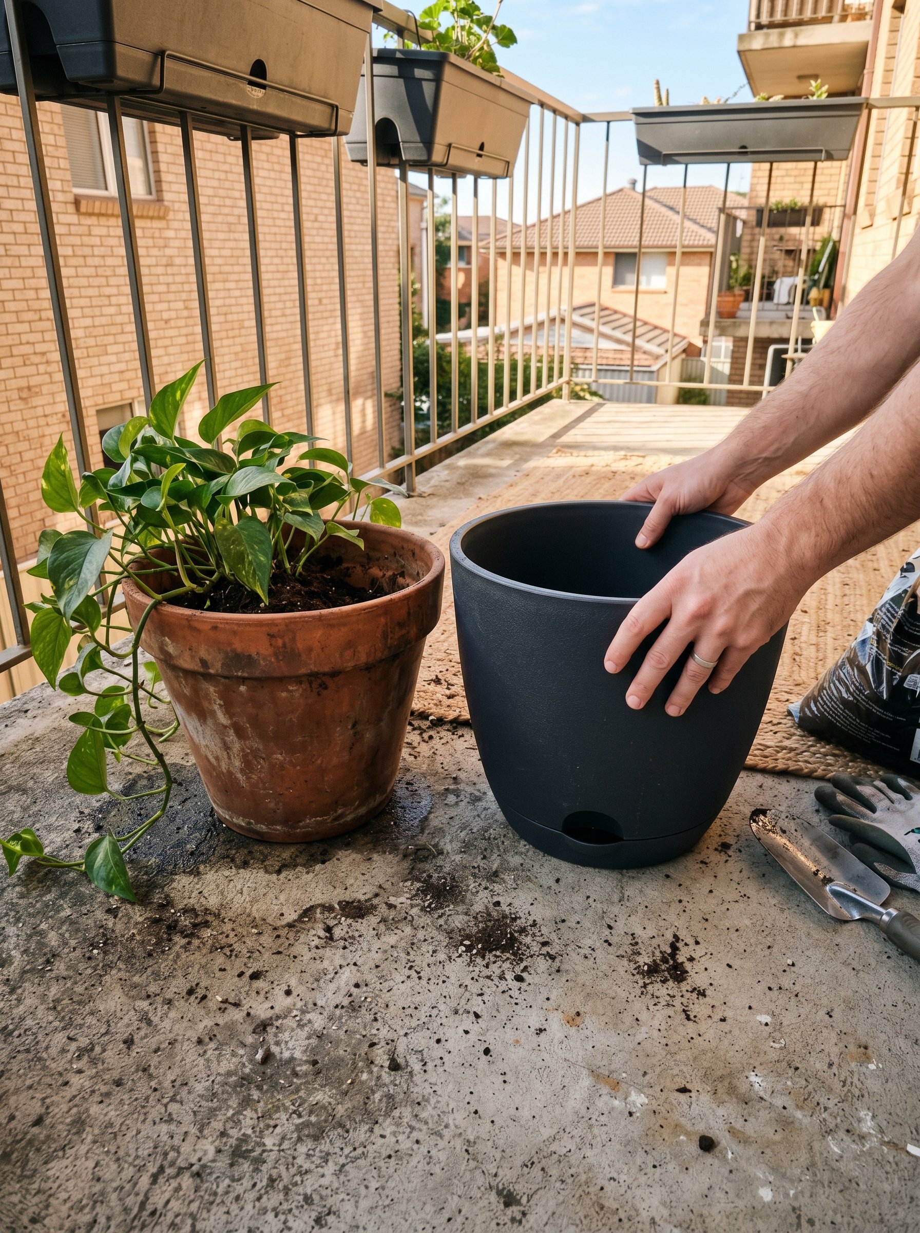 Photorealistic interior photo. Close up of a large terracotta pot being swapped for a lightweight charcoal resin planter on a concrete balcony floor, bright morning sunlight, top-down angle. Editorial