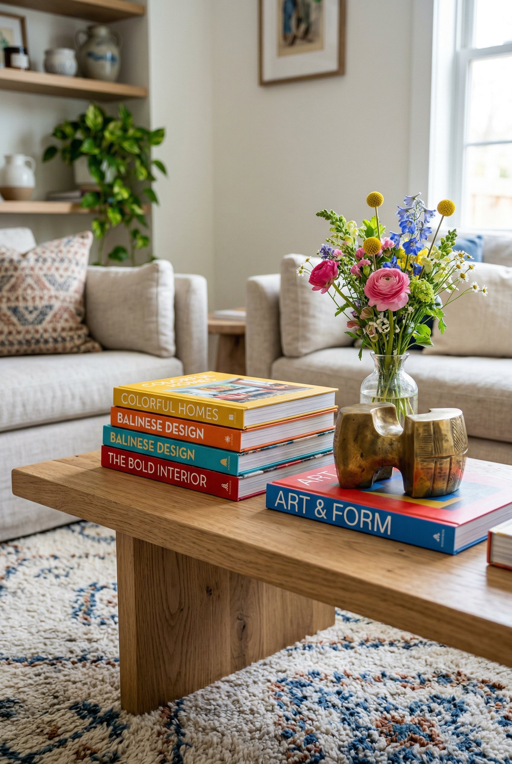 Photorealistic interior photo. Close up of a living room coffee table styled with bright, colorful design books, a brass object, and a small glass vase. Editorial photography style, no people visible.