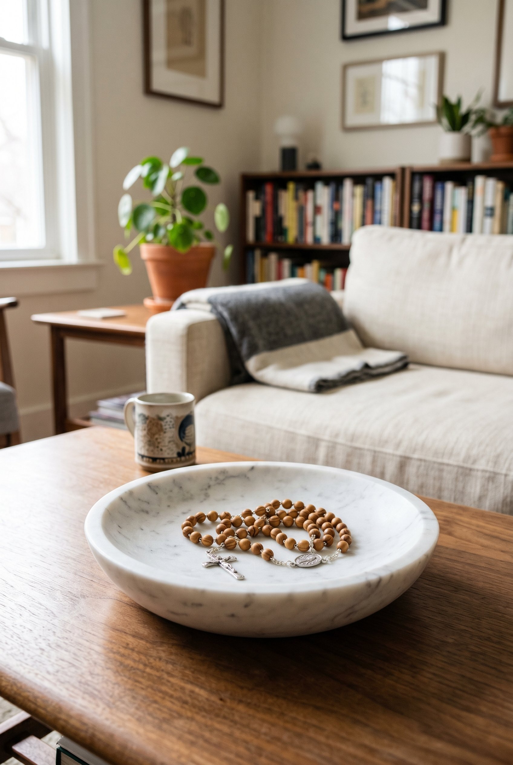 Photorealistic interior photo. Close up of a low, wide white marble bowl sitting on a walnut coffee table. Inside the bowl rests a wooden and silver Catholic rosary. Soft window light, editorial photo