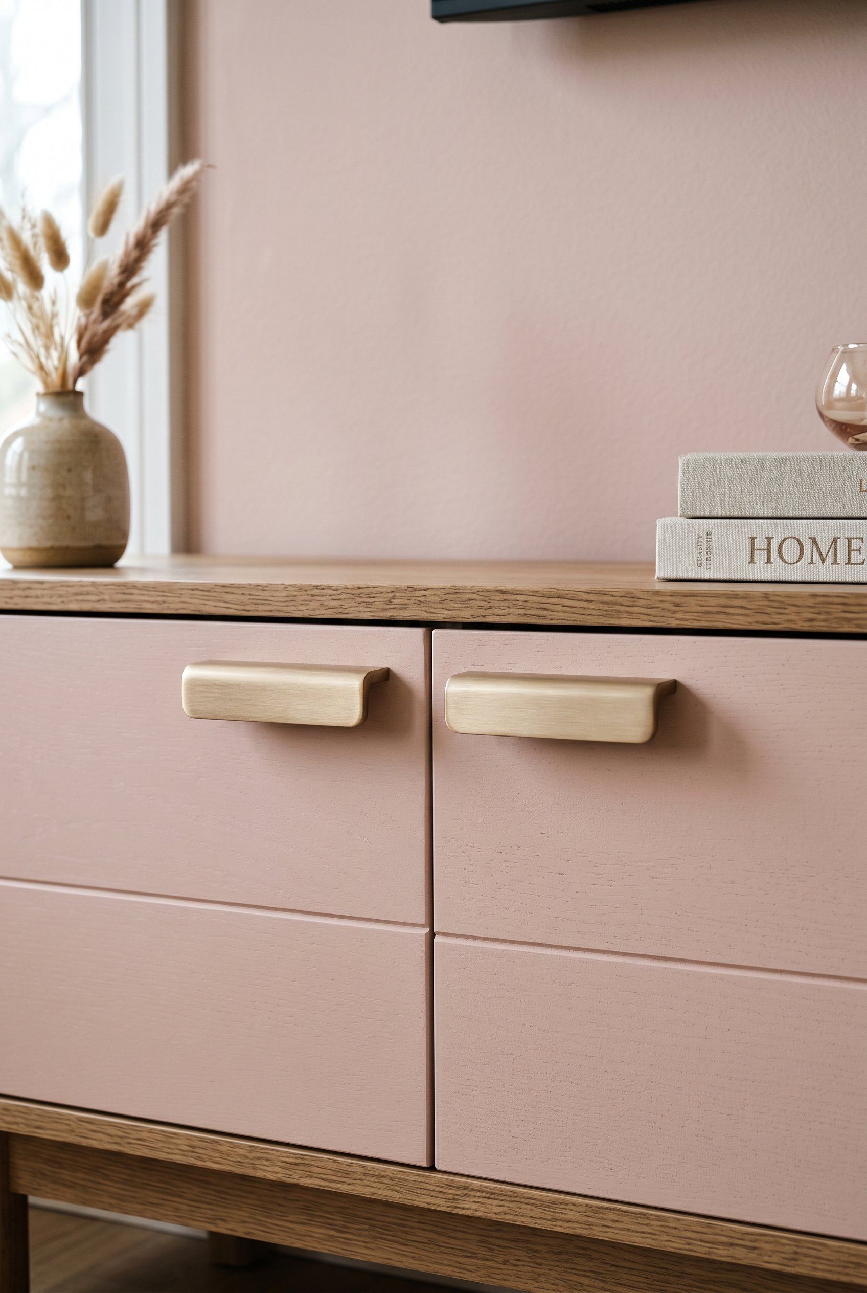 Photorealistic interior photo. Close up of a media console featuring brushed champagne bronze hardware pulls, soft blush pink backdrop, natural light, macro camera angle. Editorial photography style, 