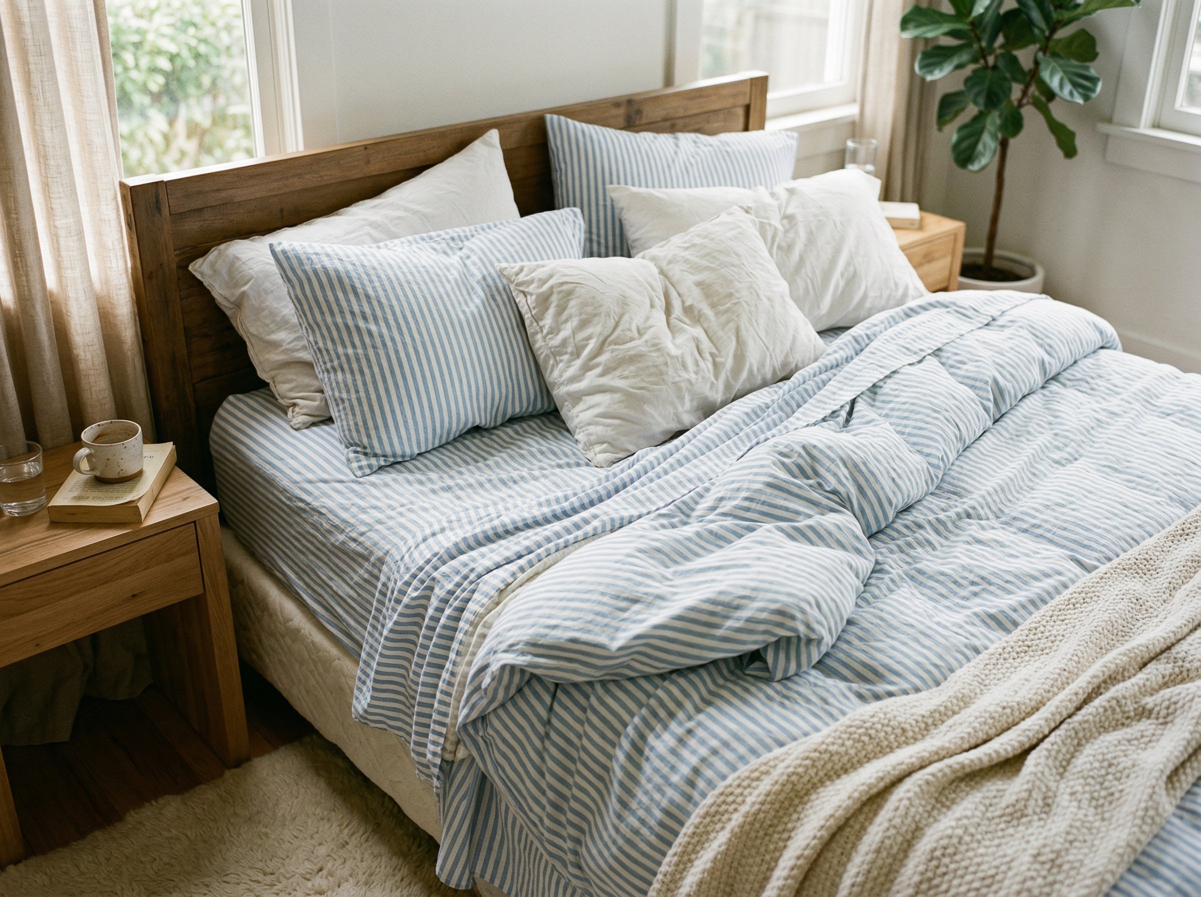 Photorealistic interior photo. Close up of a messy but comfortable bed with crisp white and light blue striped percale sheets, soft morning light streaming in. Editorial photography style, no people v