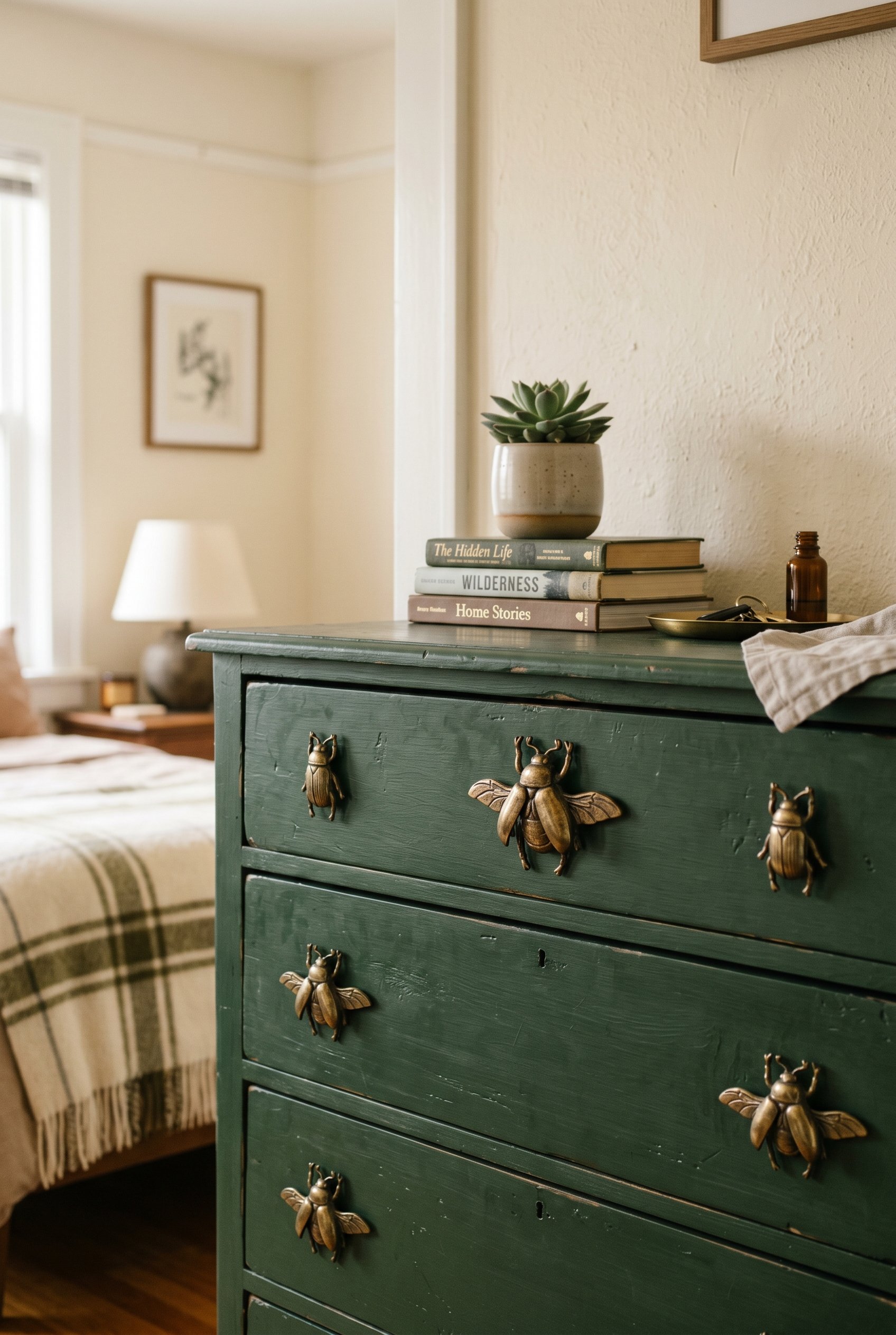Photorealistic interior photo. Close up of a painted dark green dresser featuring whimsical brass beetle-shaped drawer pulls. Editorial photography style, sharp focus on the hardware, no people visibl