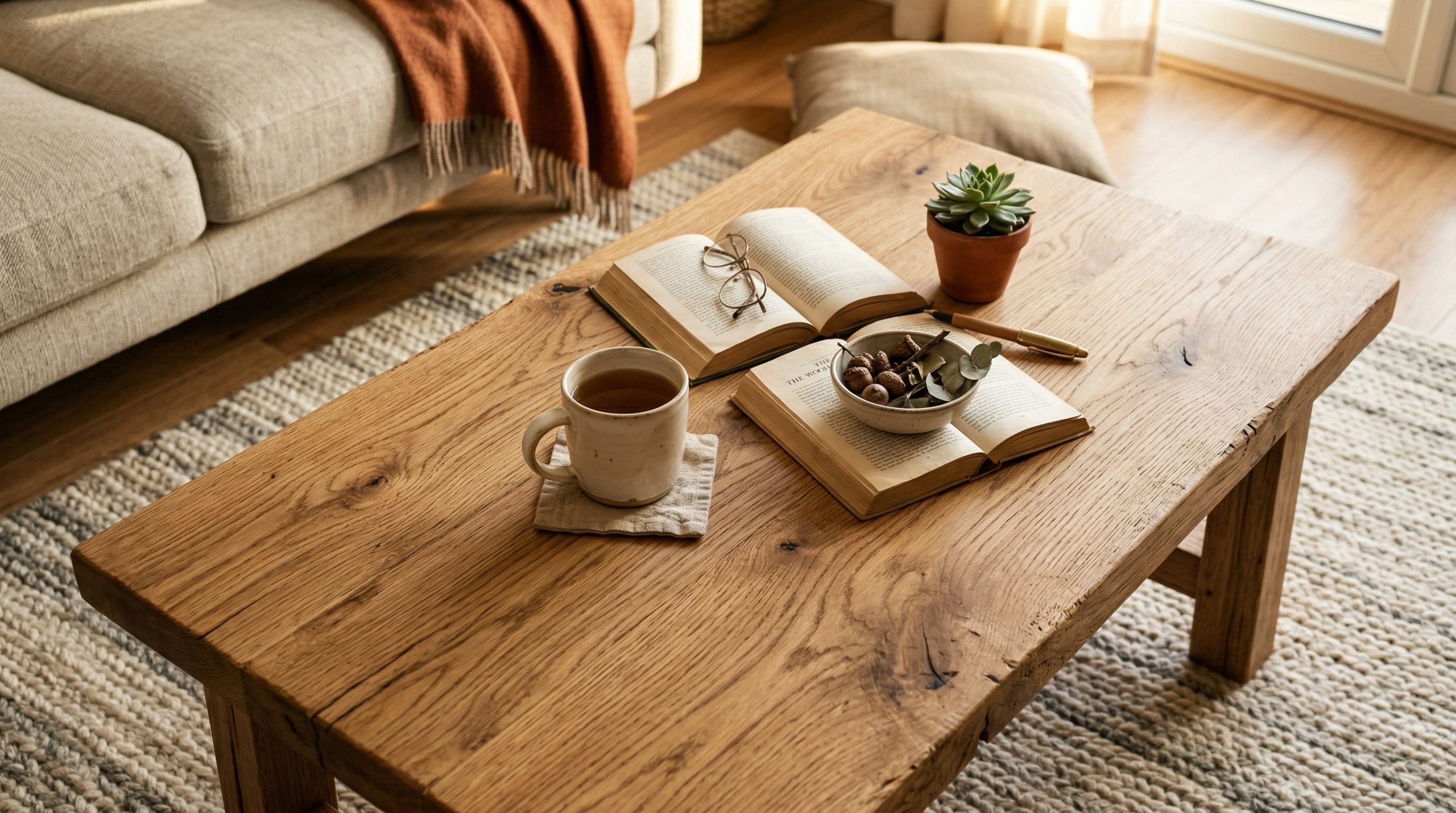 Photorealistic interior photo. Close up of a raw oak coffee table with a matte finish, beautifully visible wood grain, warm afternoon lighting, top-down angle. Editorial photography style, no people v