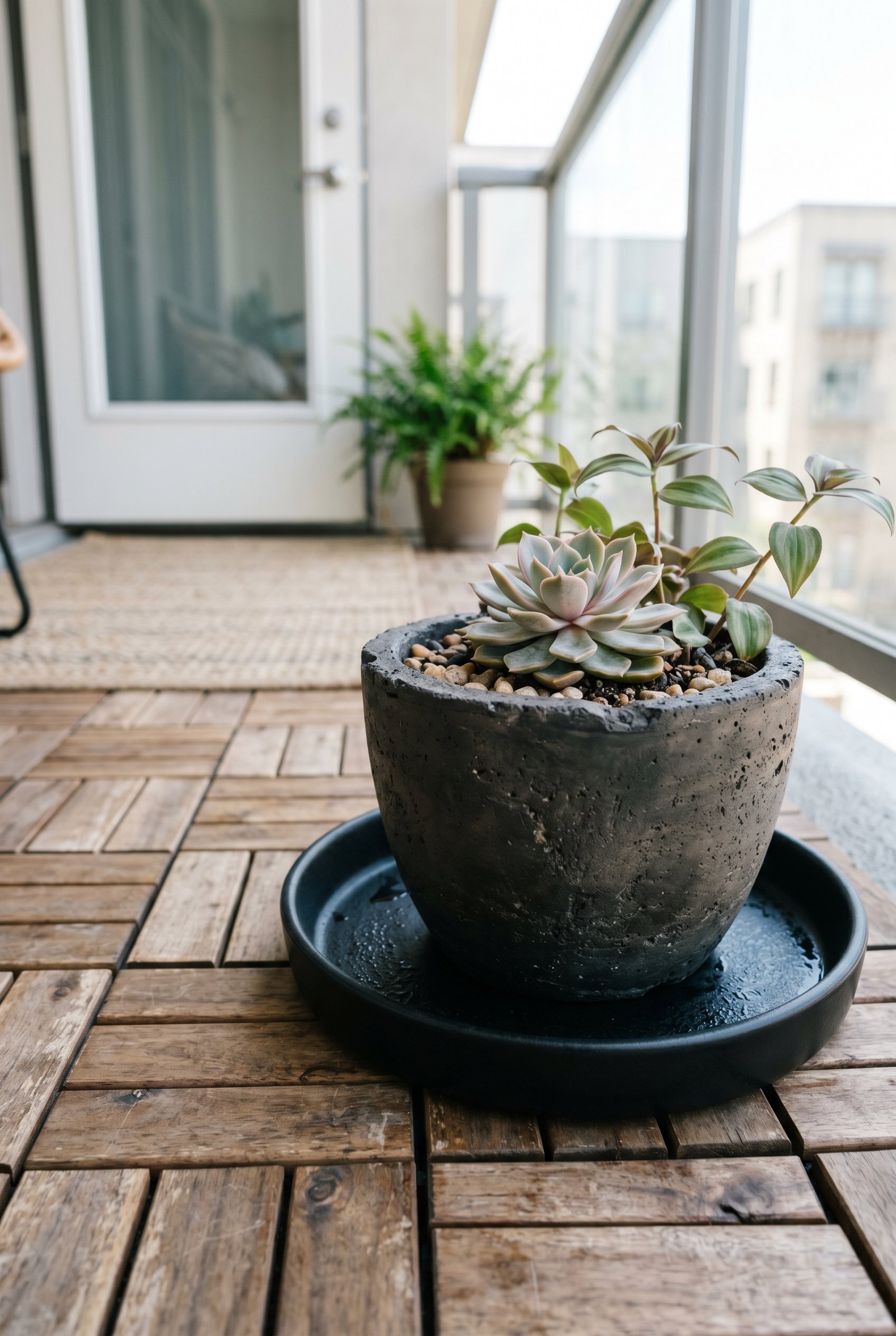 Photorealistic interior photo. Close up of a sleek black deep drip tray under a modern concrete-looking pot, sitting on wooden deck tiles, bright overhead lighting, macro angle. Editorial photography 