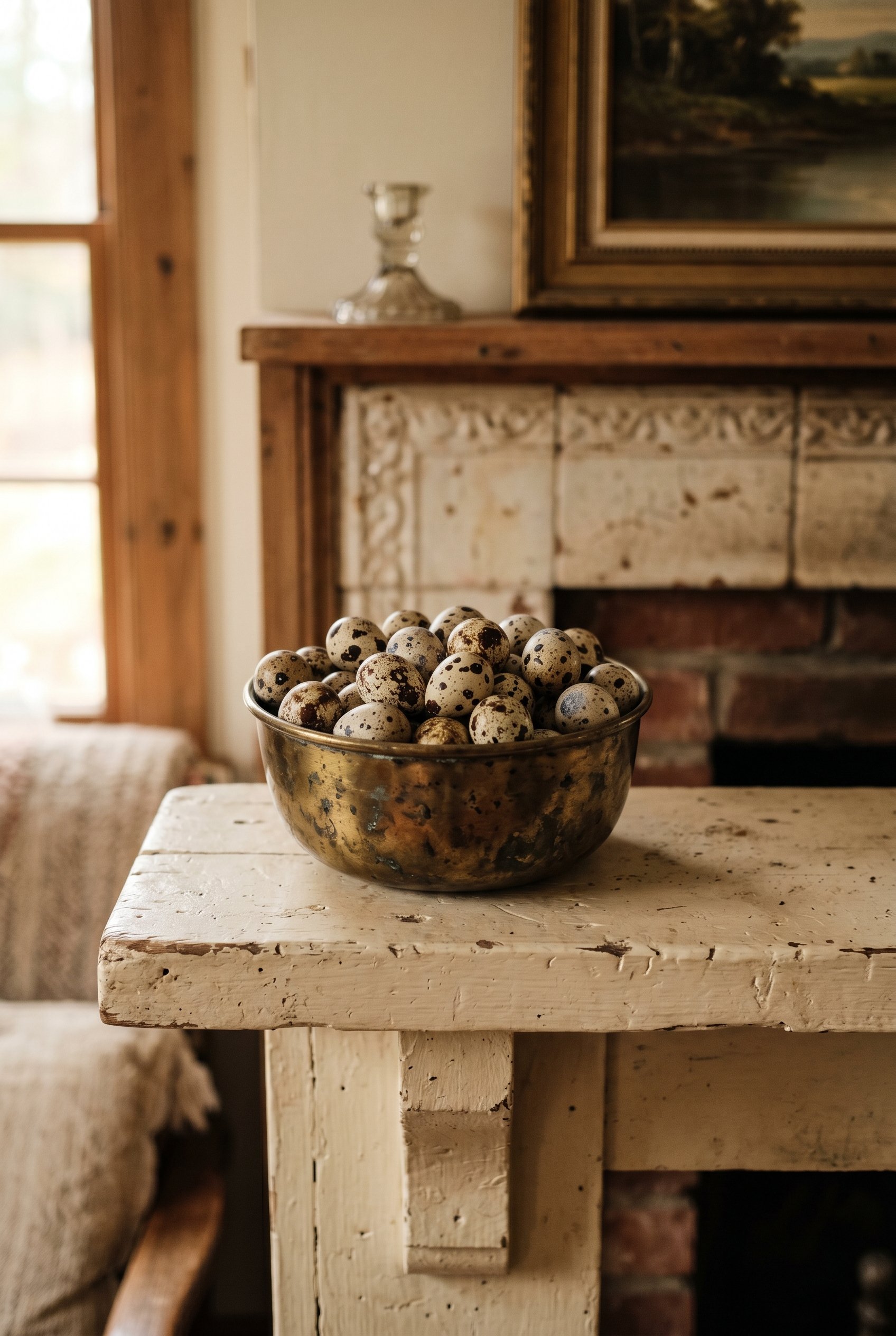Photorealistic interior photo. Close up of a small, tarnished vintage brass bowl filled with tiny speckled quail eggs sitting on a painted wood mantel. Warm, diffused indoor lighting. Editorial photog