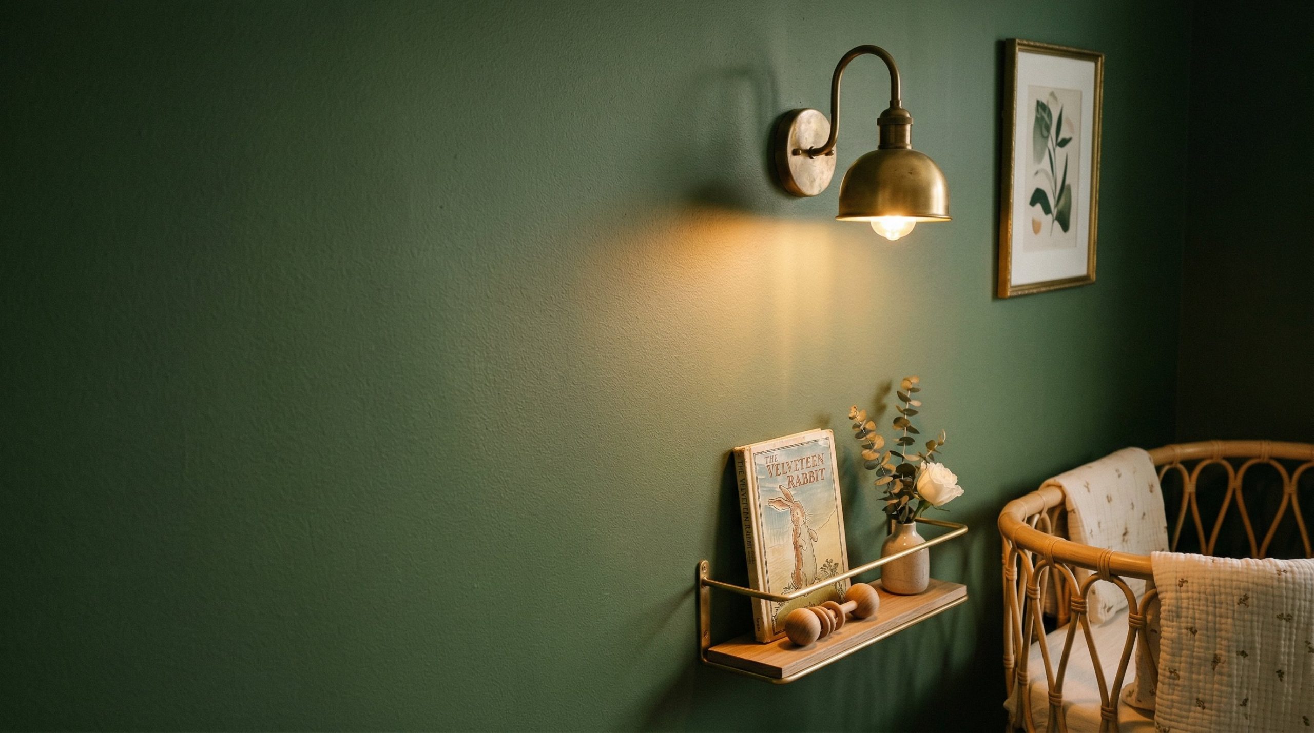 Photorealistic interior photo. Close up of a smooth, matte forest green nursery wall, warm 3000k light hitting the texture, small unlacquered brass wall sconce casting a soft glow. Editorial photograp
