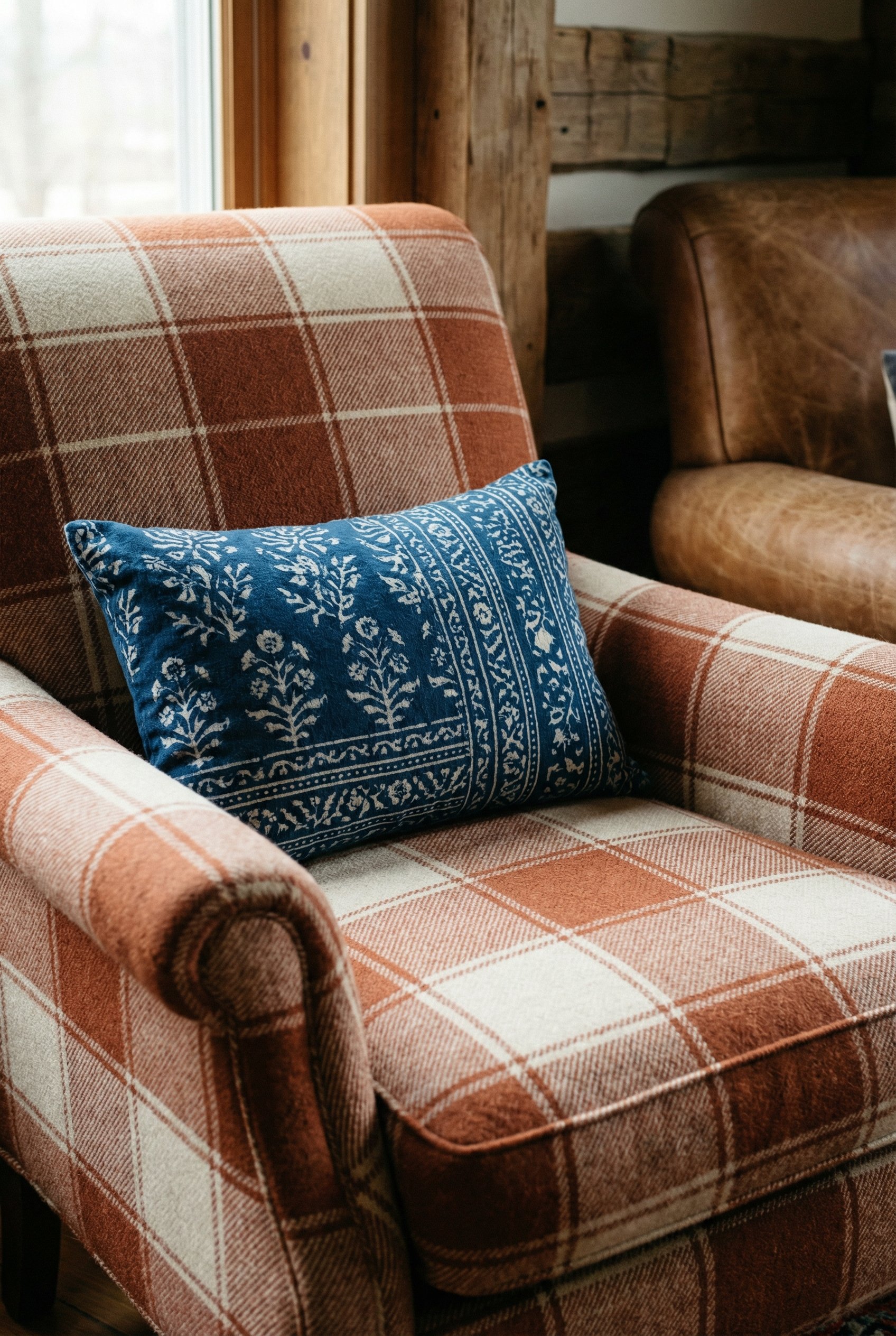 Photorealistic interior photo. Close-up of a traditional armchair upholstered in a large-scale rust and cream windowpane plaid, styled with a small-scale blue block-print throw pillow. Soft ambient li