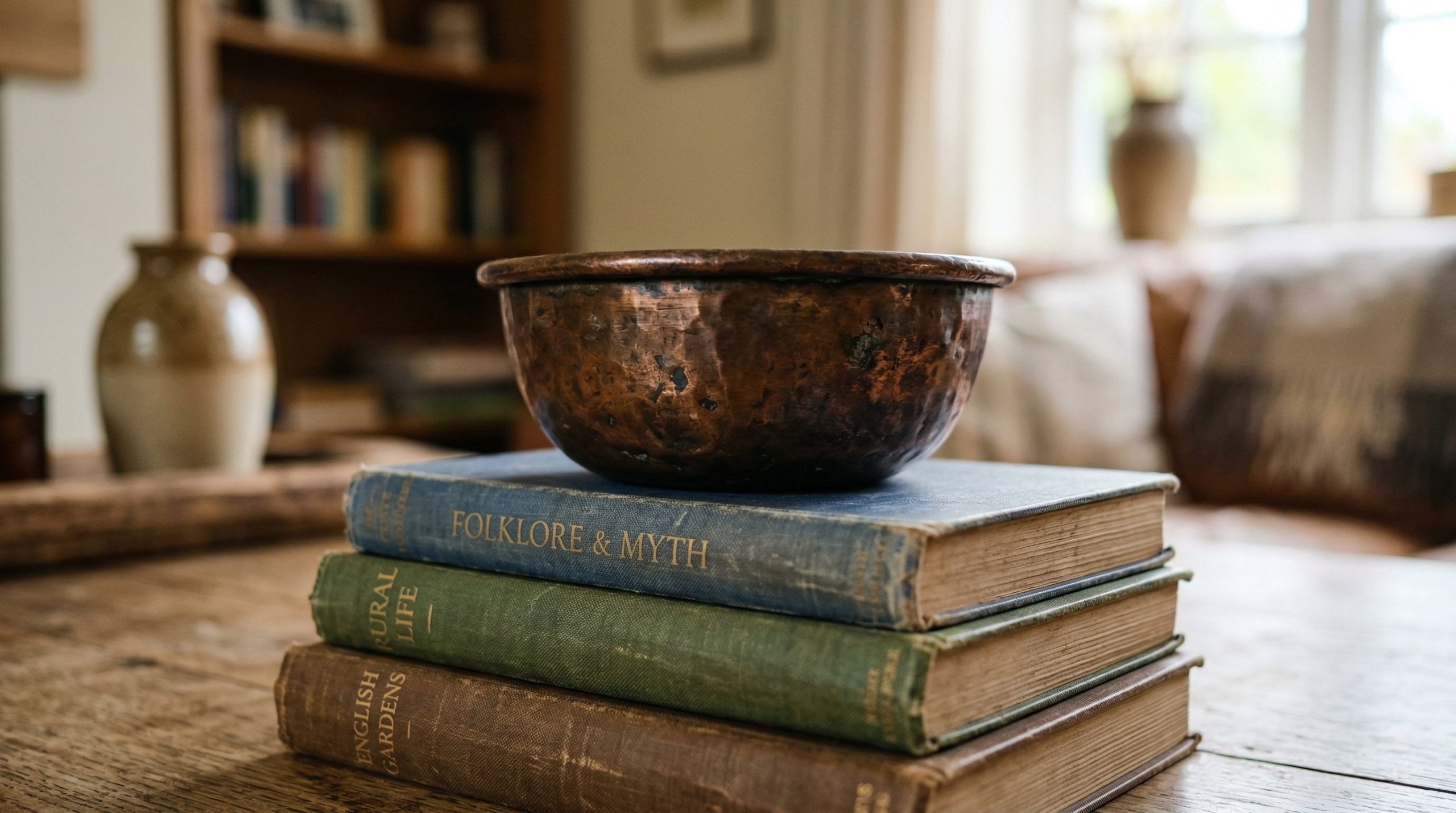 Photorealistic interior photo. Close up of a vintage copper bowl with a dark, natural, uneven brownish patina sitting on a stack of books, soft ambient light, shallow depth of field. Editorial photogr