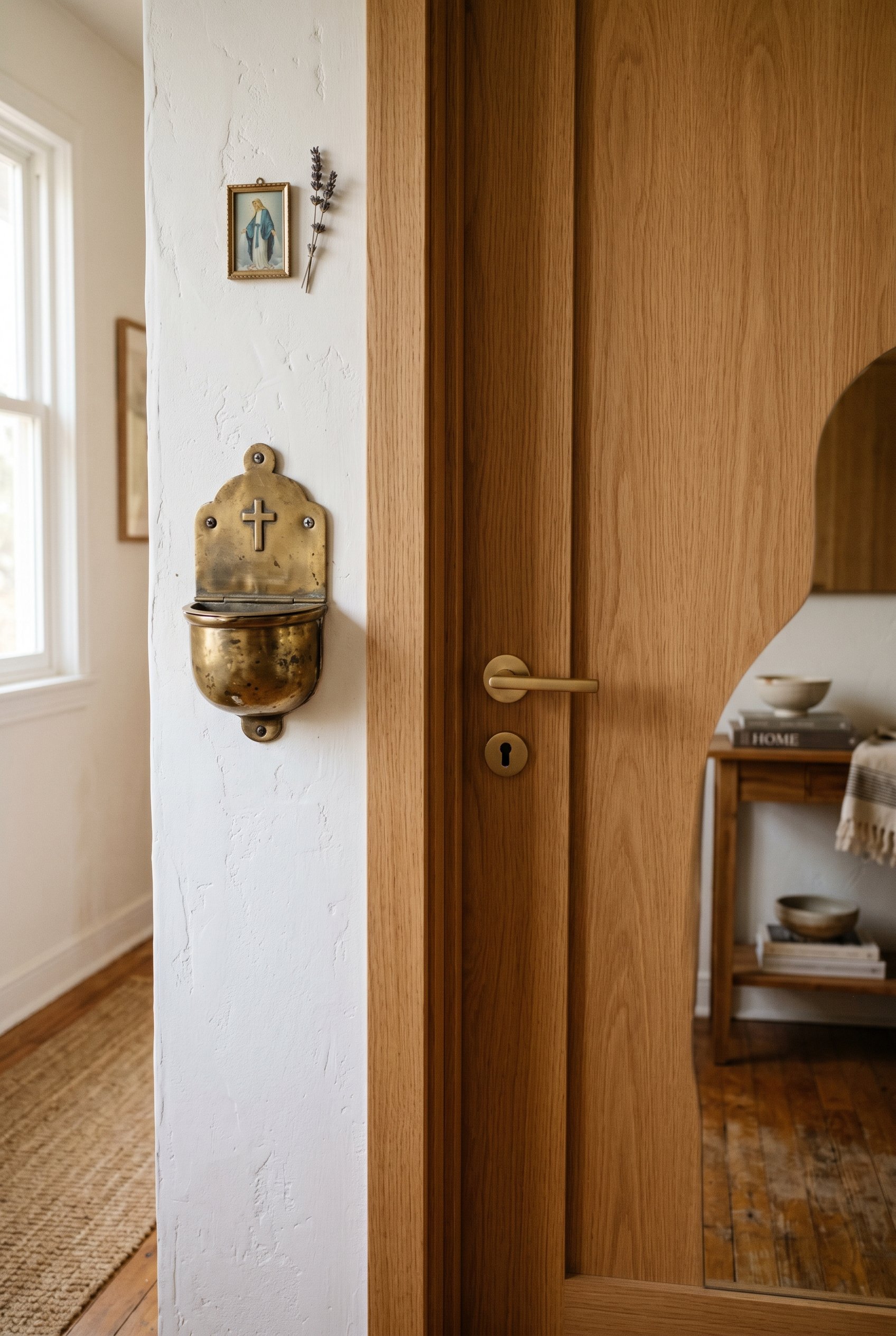 Photorealistic interior photo. Close up of a vintage, unlacquered brass holy water font mounted on a white textured wall next to a modern wood door. Soft natural light, editorial photography style, no