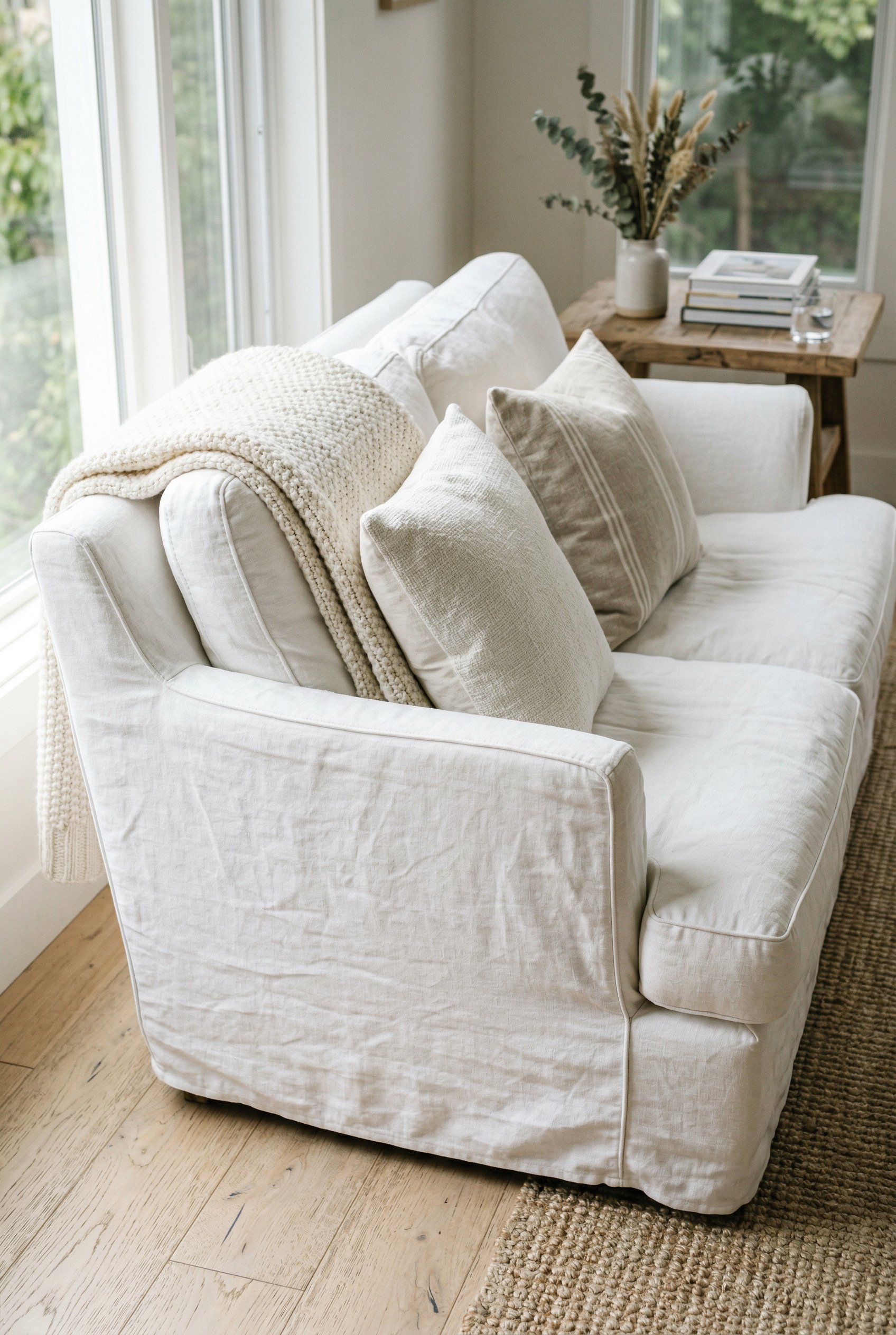 Photorealistic interior photo. Close-up of a white linen slipcovered sofa, subtle weave texture, bright natural light, slight angle. Editorial photography style, no people visible.