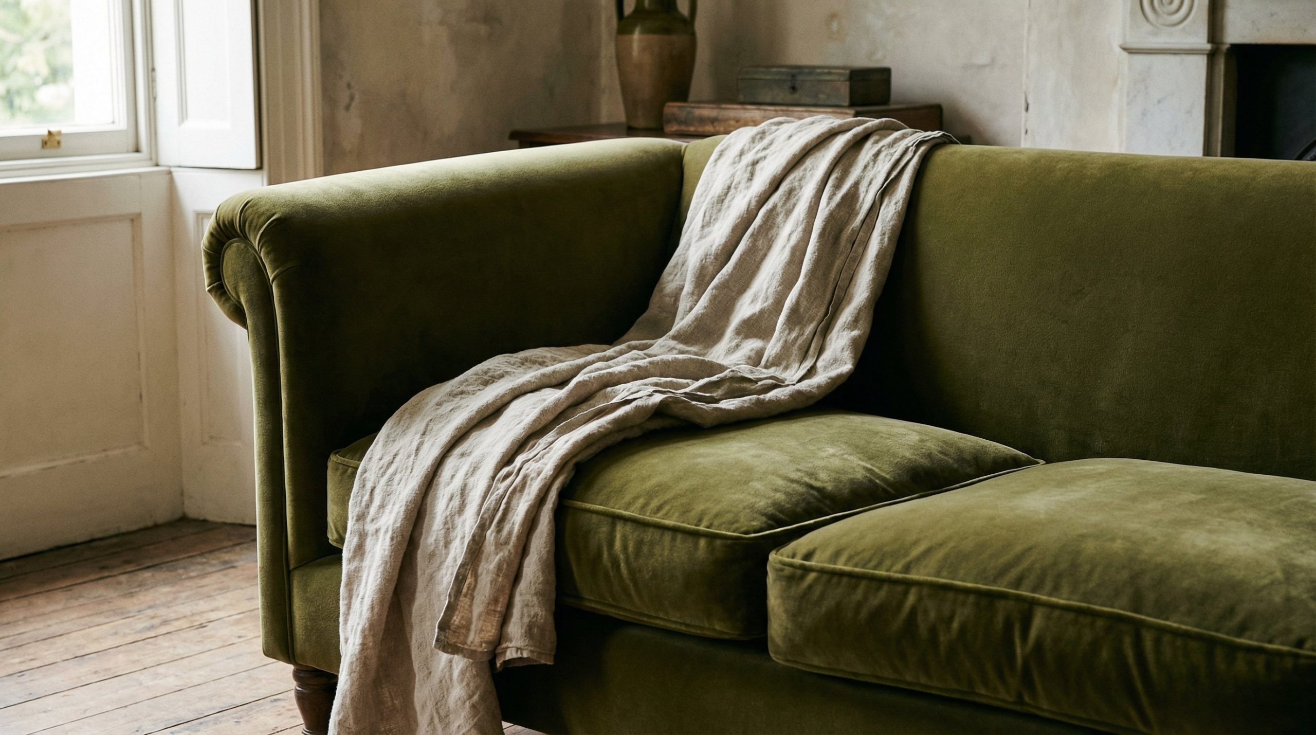 Photorealistic interior photo. Close-up of an English roll arm sofa in olive green velvet, rumpled linen throw blanket draped over the back. Soft natural daylight from a nearby window, slightly angled
