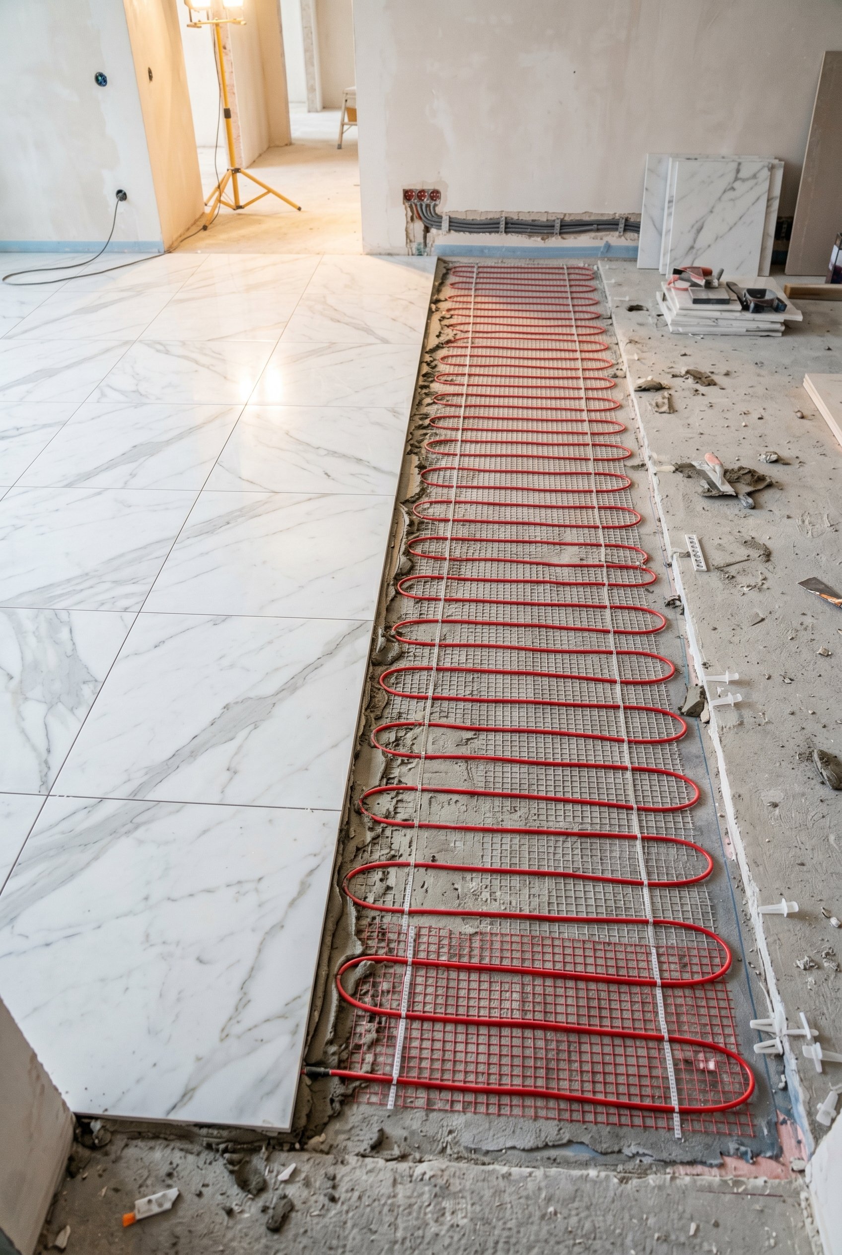 Photorealistic interior photo. Close up of bare floor showing half finished luxury marble tile and half exposed red radiant floor heating wire mats, construction luxury progress, bright work lighting,