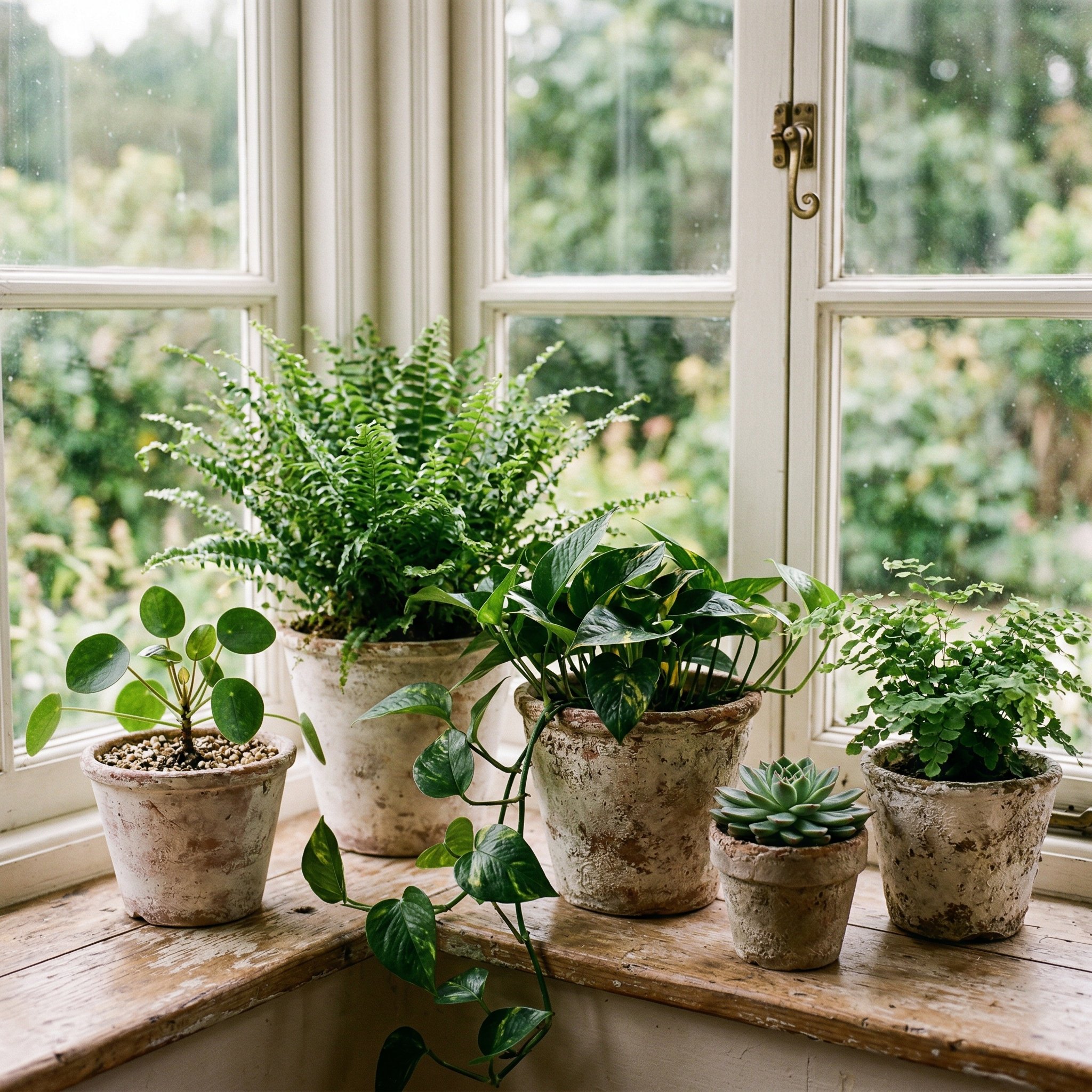 Photorealistic interior photo. Close up of chalky, textured limewash terracotta pots holding green plants, sitting on a sunlit windowsill. Editorial photography style, no people visible.