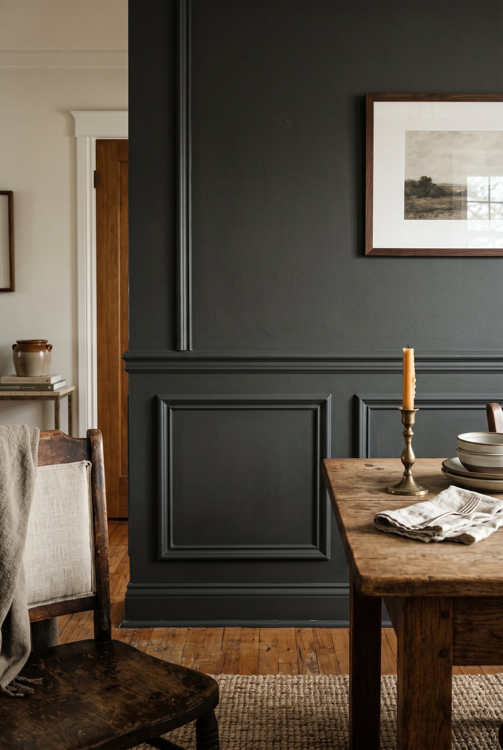 Photorealistic interior photo. Close up of dark charcoal dining room wall showing classic picture molding panels. Deep shadows emphasizing the texture of the molding. Angled side shot. Editorial photo