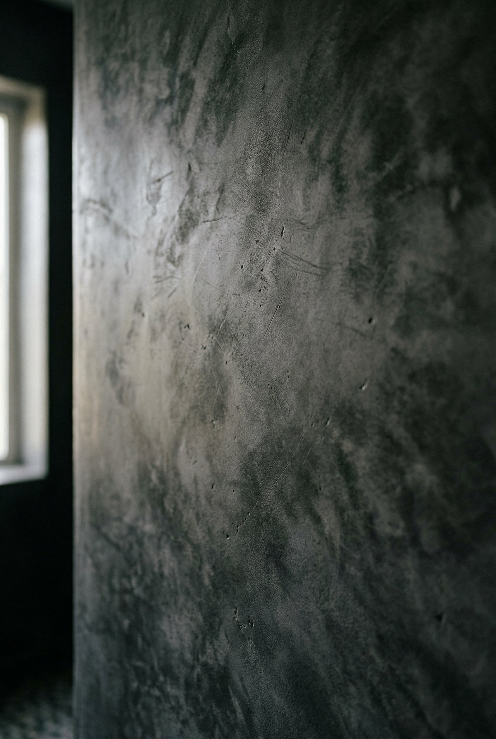 Photorealistic interior photo. Close up of dark grey Tadelakt plaster wall texture in a bathroom. Soft, mottled suede-like finish catching natural light. Editorial photography style, macro angle, no p