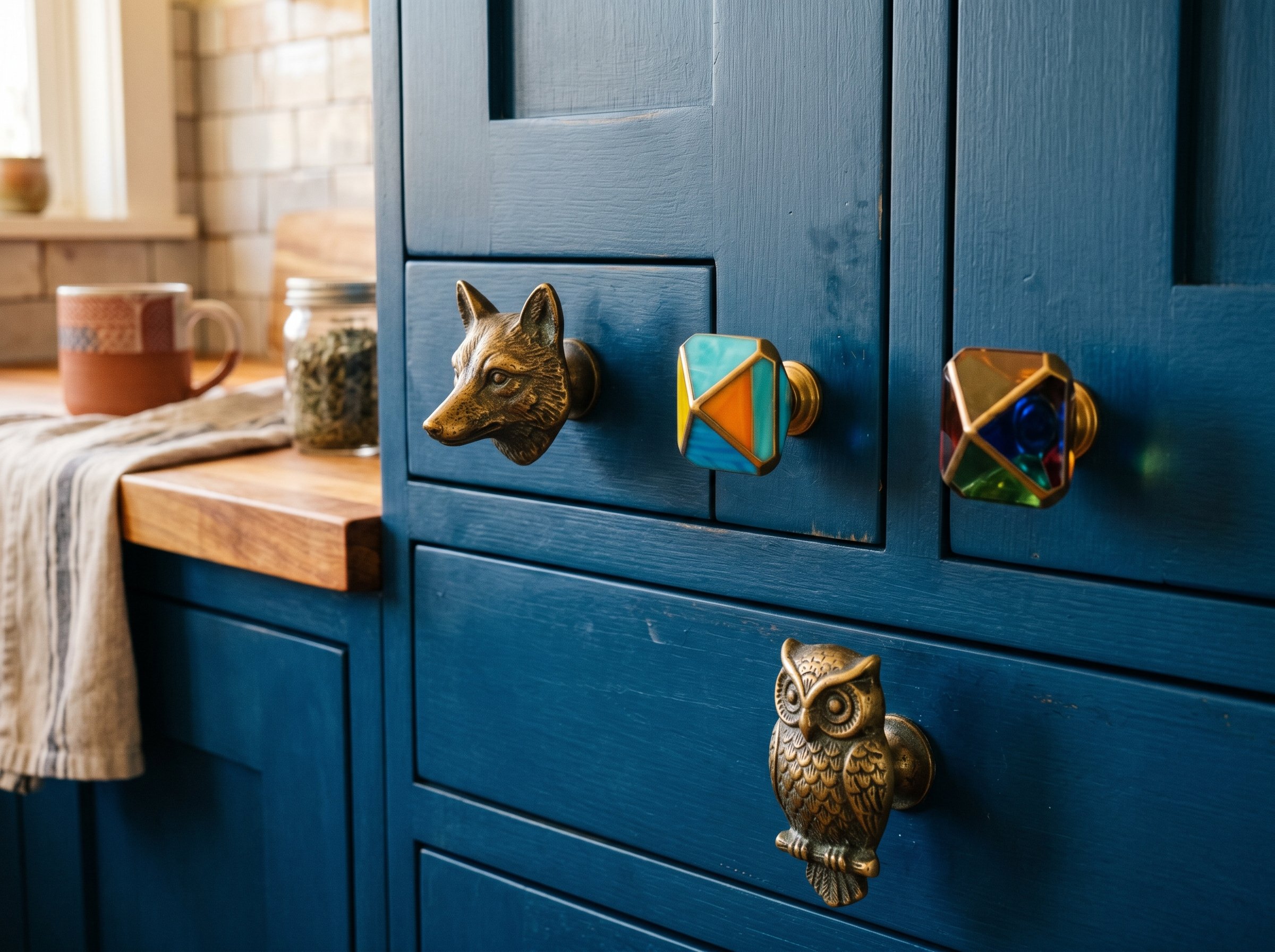 Photorealistic interior photo. Close-up of deep blue kitchen cabinets featuring quirky, oversized vintage brass animal knobs and colorful geometric glass pulls. High detail, warm indoor lighting, macr