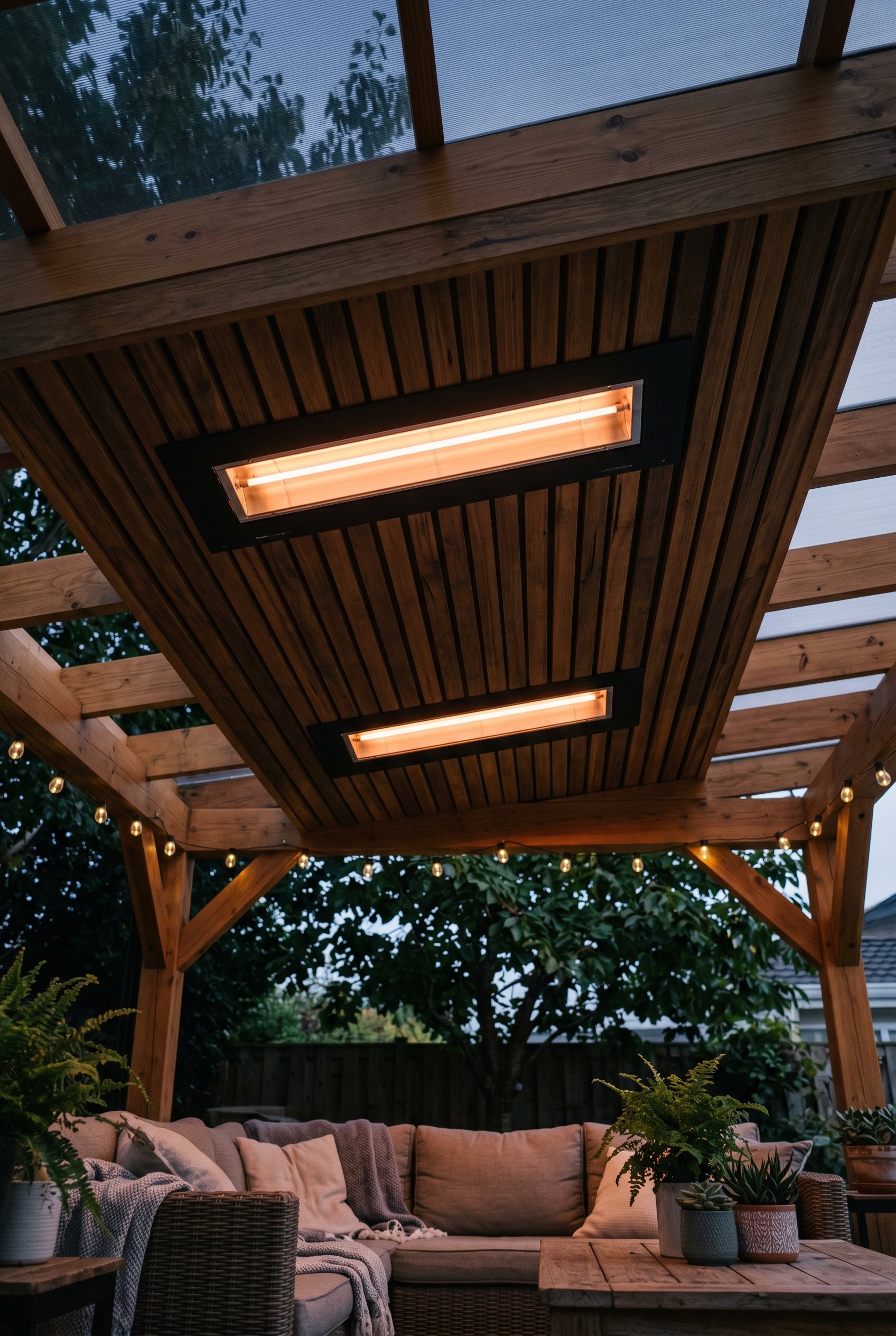 Photorealistic interior photo. Close-up of flush-mounted sleek black electric infrared heaters integrated into a modern pergola ceiling, looking straight up, soft warm glow, architectural focus. Edito