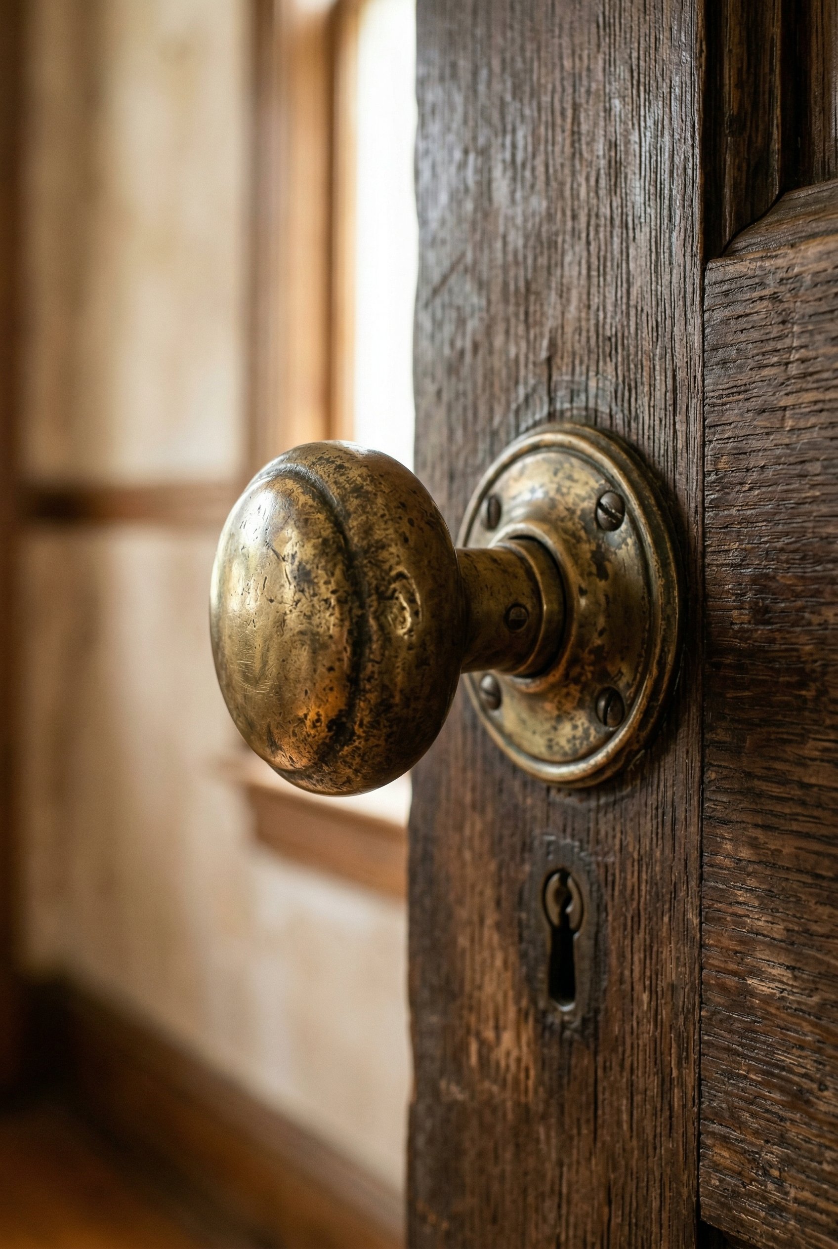 Photorealistic interior photo. Close up of heavy, authentic unlacquered brass door knob on a solid wood door, natural patina, soft warm lighting, macro angle. Editorial photography style, no people vi