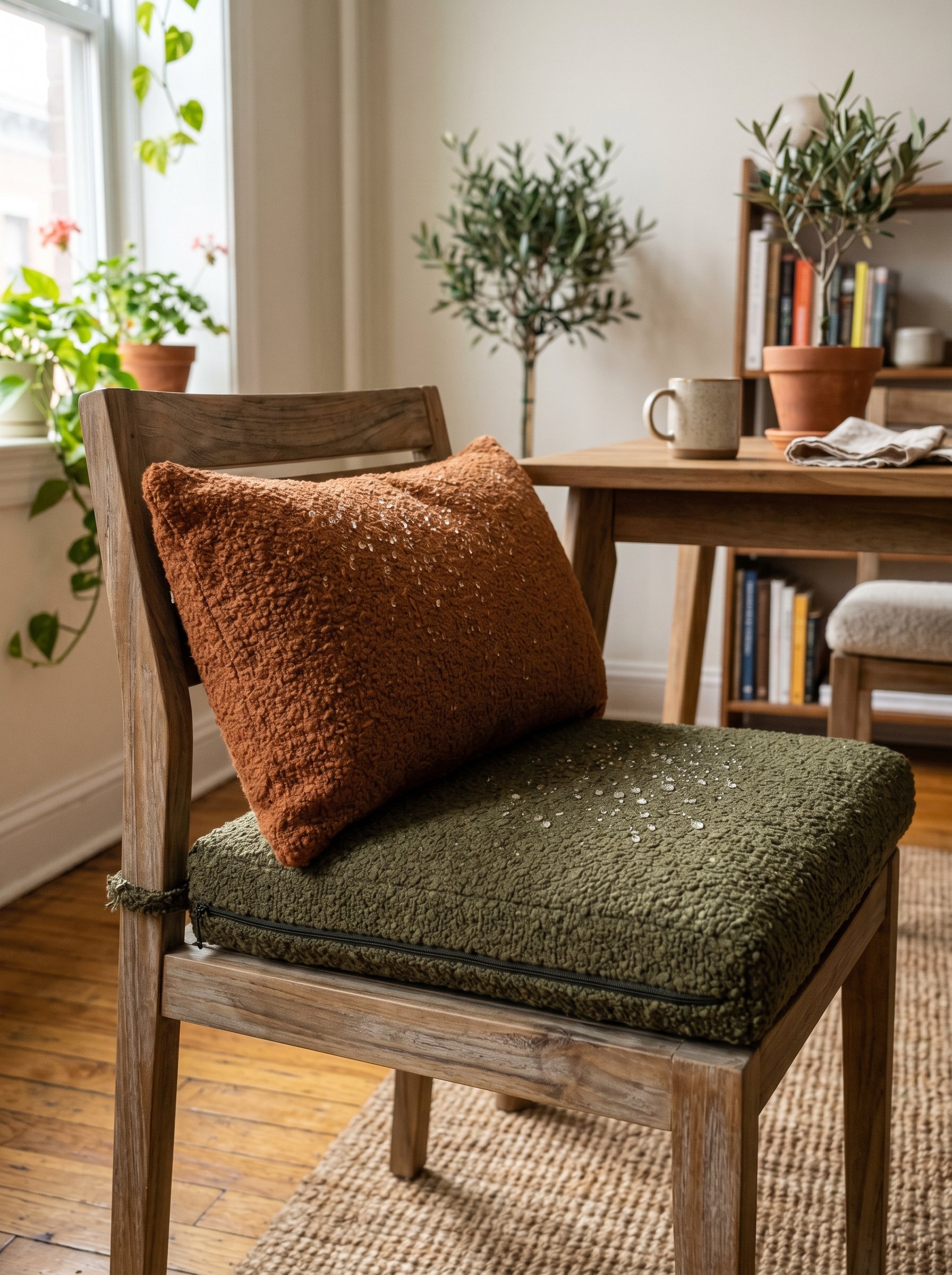 Photorealistic interior photo. Close-up of heavy olive green and rust bouclé-style outdoor cushions on a modern teak dining chair. Water droplets beading on the fabric. Natural daylight. Editorial pho