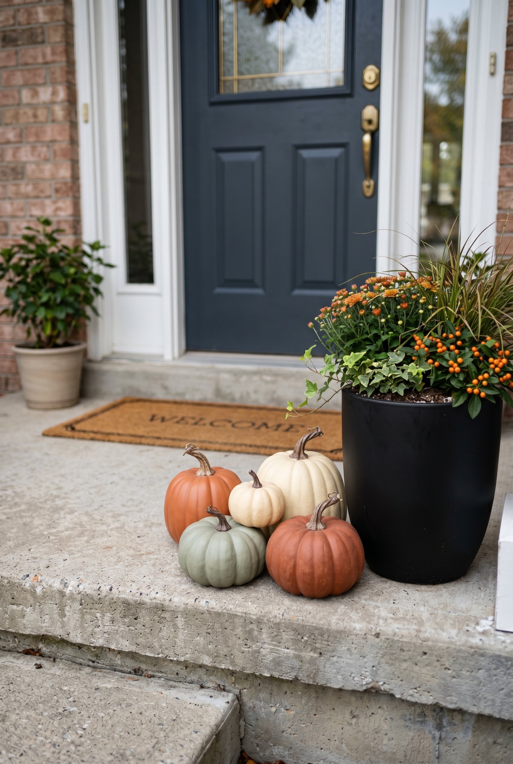Photorealistic interior photo. Close up of high-quality foam pumpkins arranged neatly on a concrete porch step next to a modern black planter. Crisp afternoon lighting, eye-level camera angle, editori