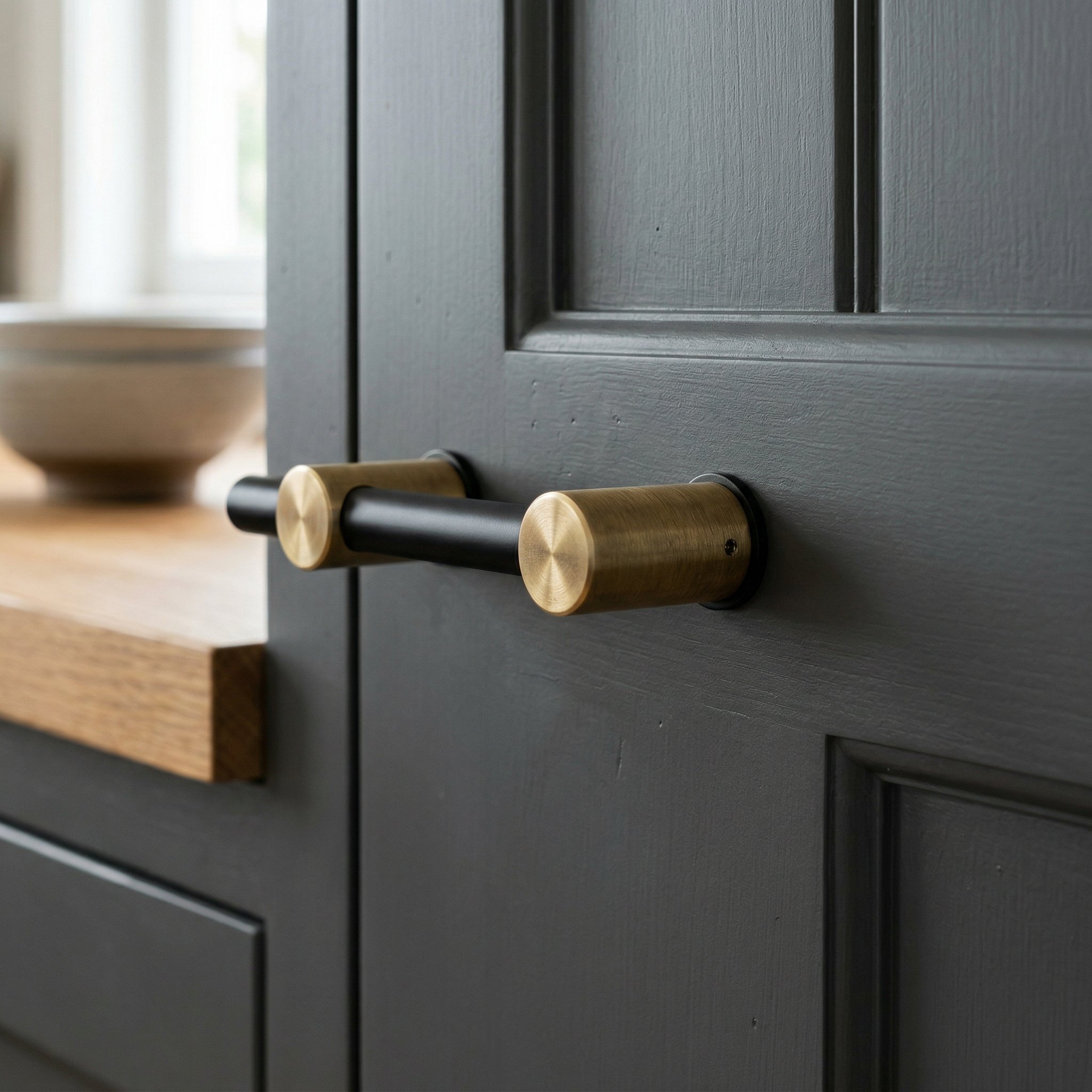 Photorealistic interior photo. Close-up of high-quality powder-coated black and solid brass split-finish cabinet pull, flawless surface, mounted on a painted cabinet door. Soft studio lighting, tight 